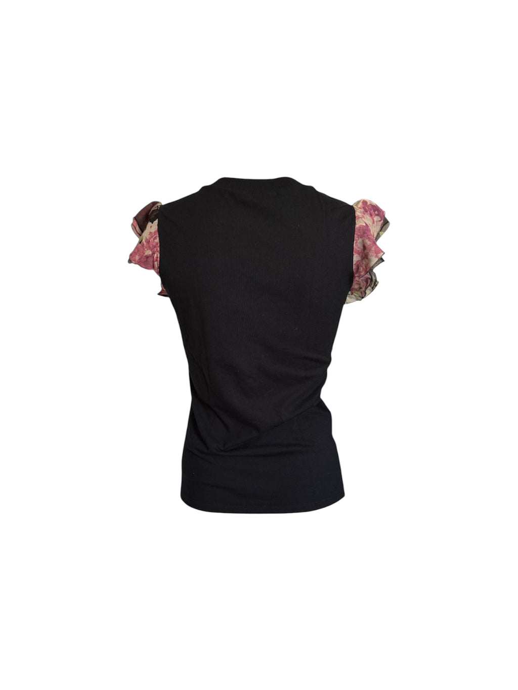 Blumarine Black Floral Ruffle Short Sleeve Top