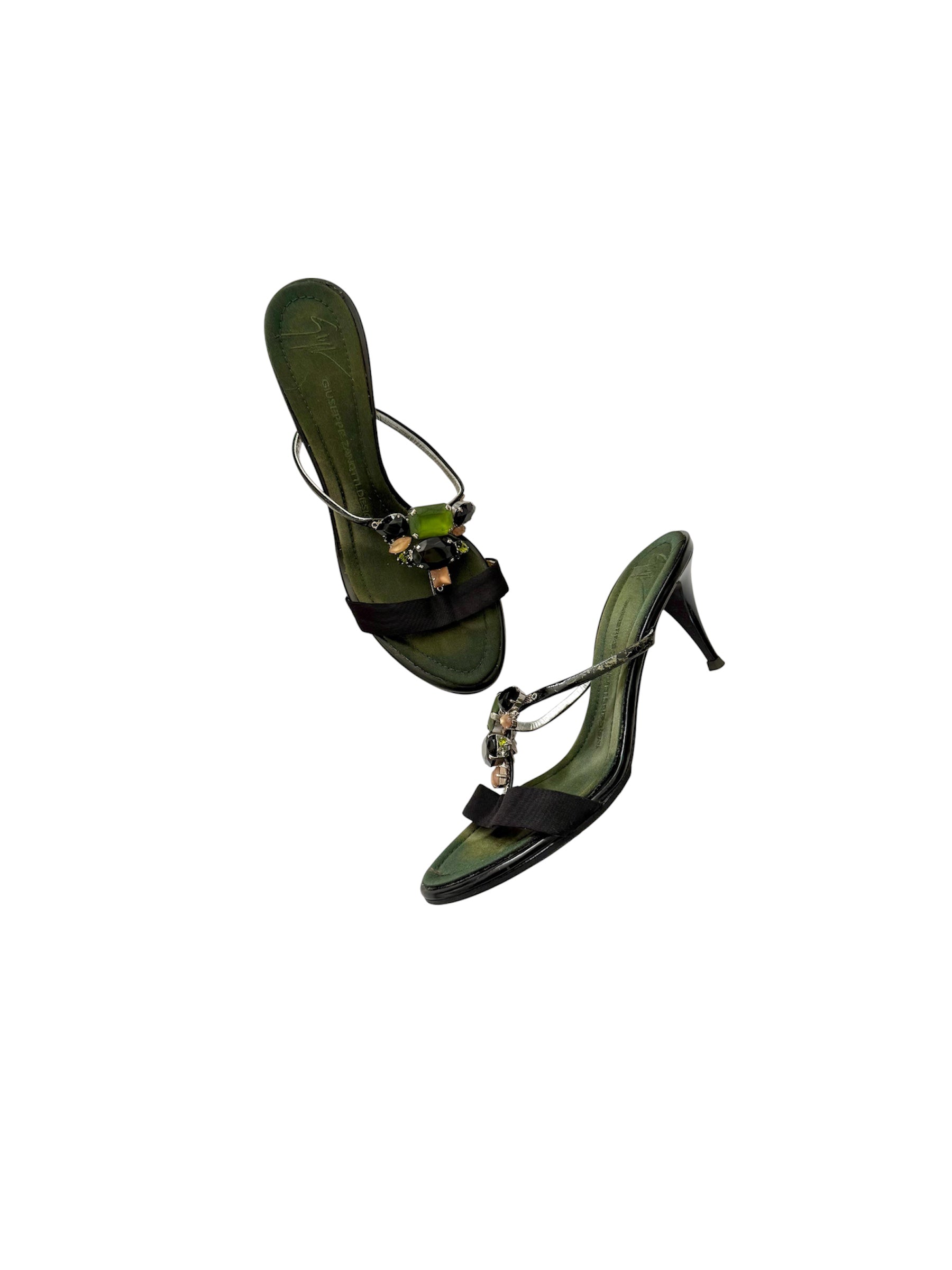 Giuseppe Zanotti Emerald Green & Black Jewel Crystal Heels