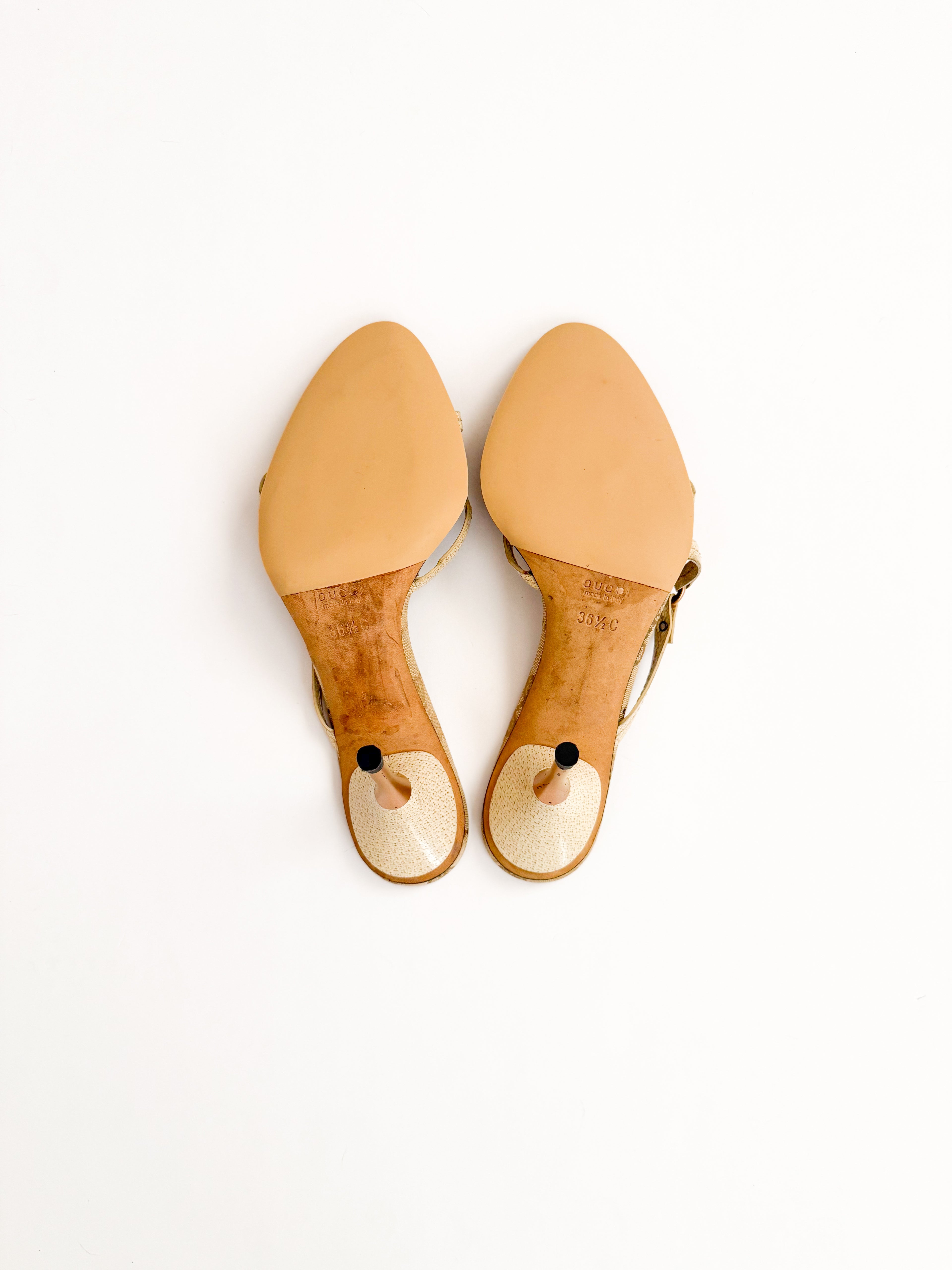 Gucci Beige Monogram Strappy Pointed Heels