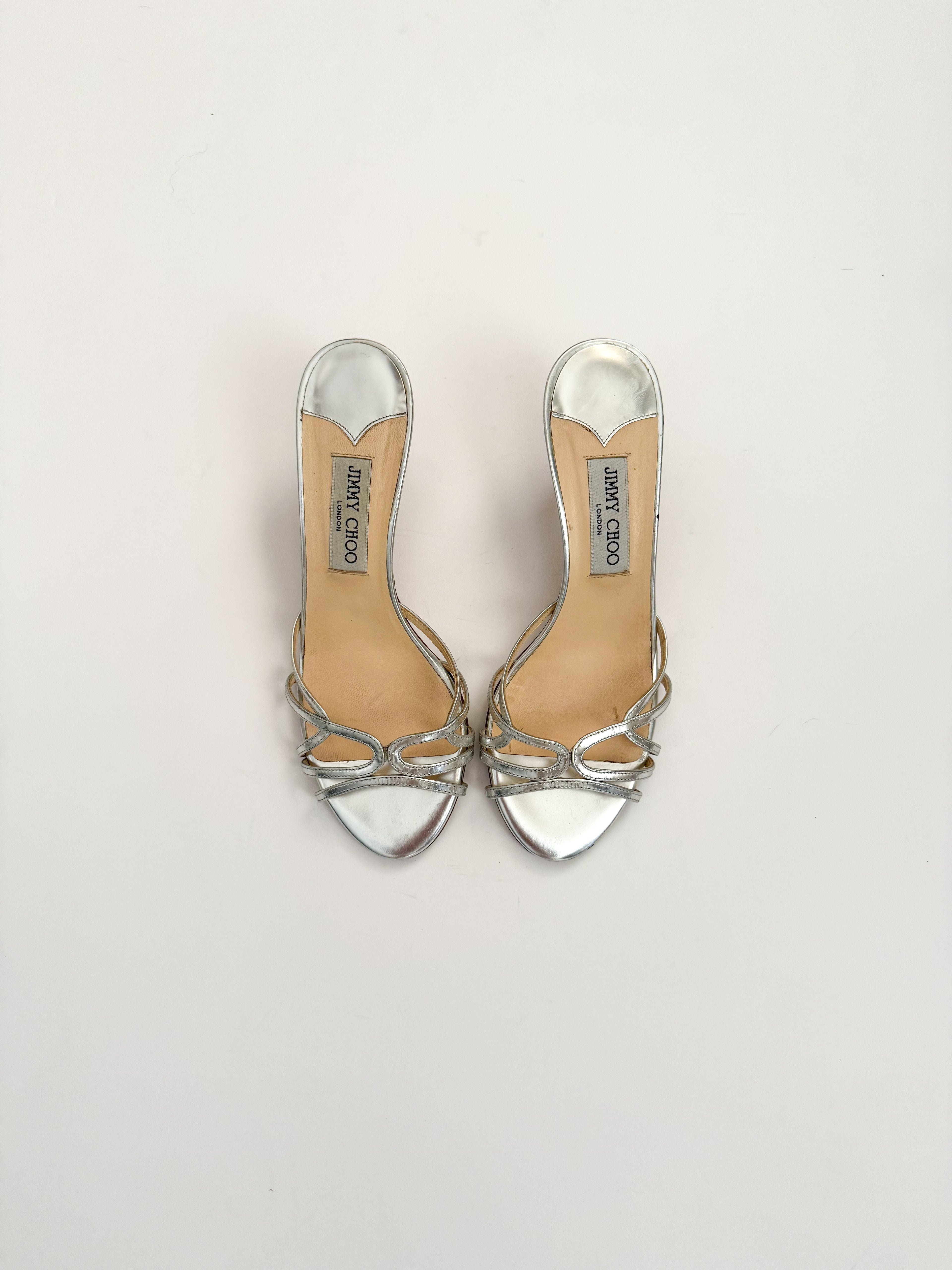 Jimmy Choo Metallic Silver Strappy Kitten Heels