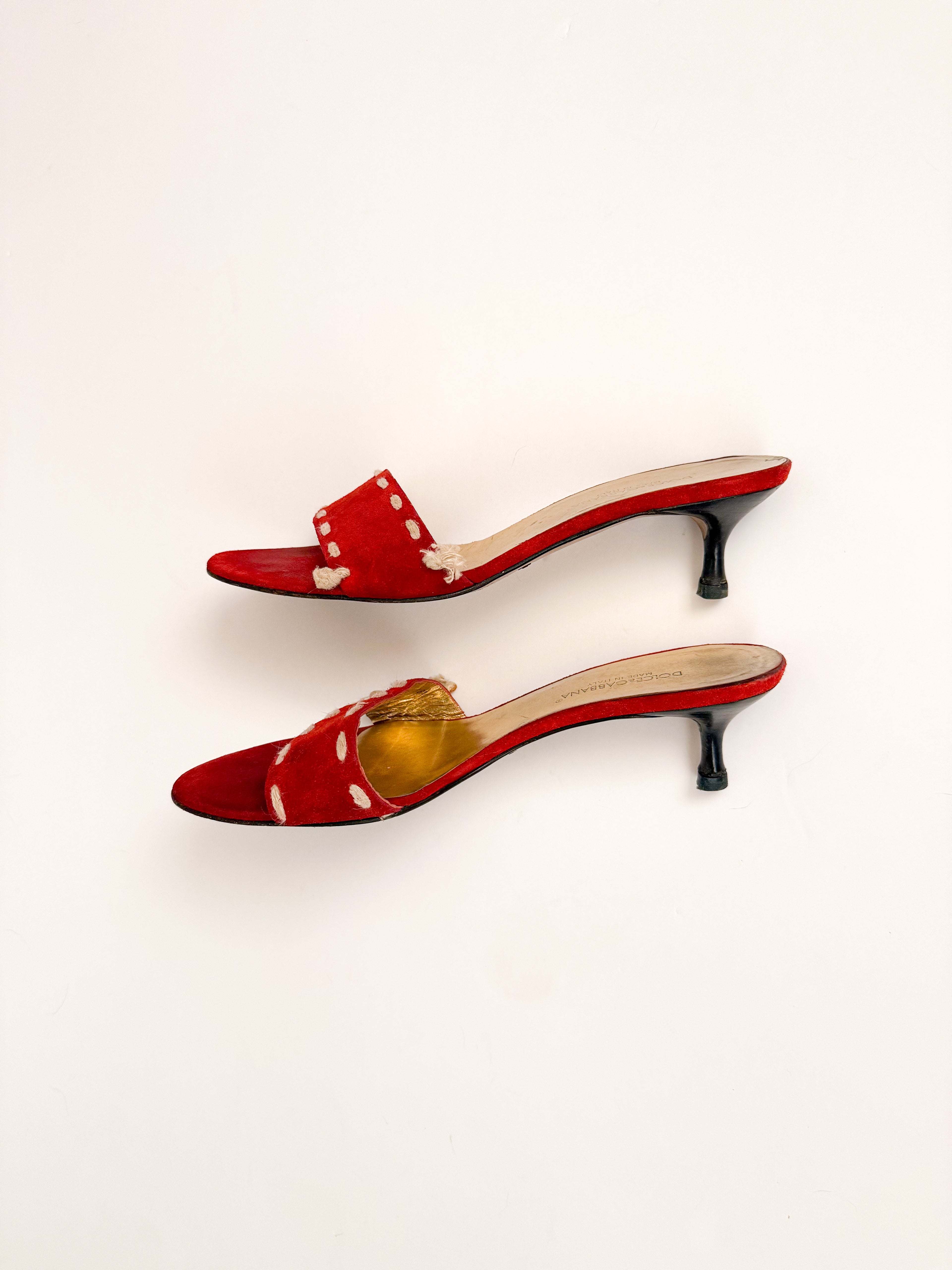 Dolce & Gabbana Red Suede Embroidered Kitten Heels