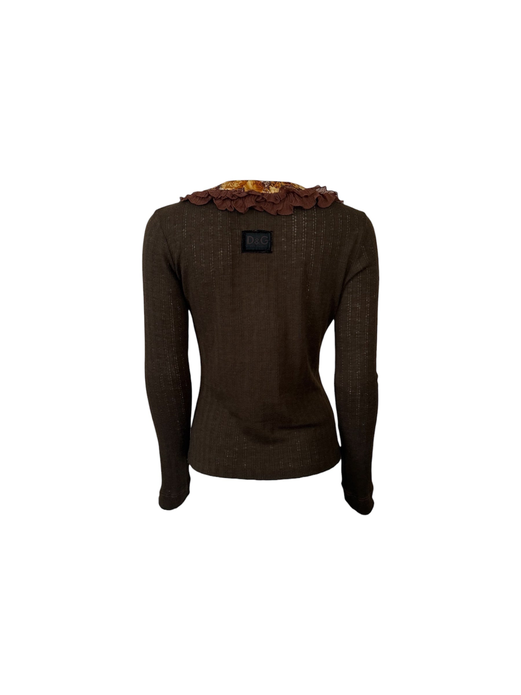 Dolce & Gabbana Floral Ruffle Brown Long Sleeve Top