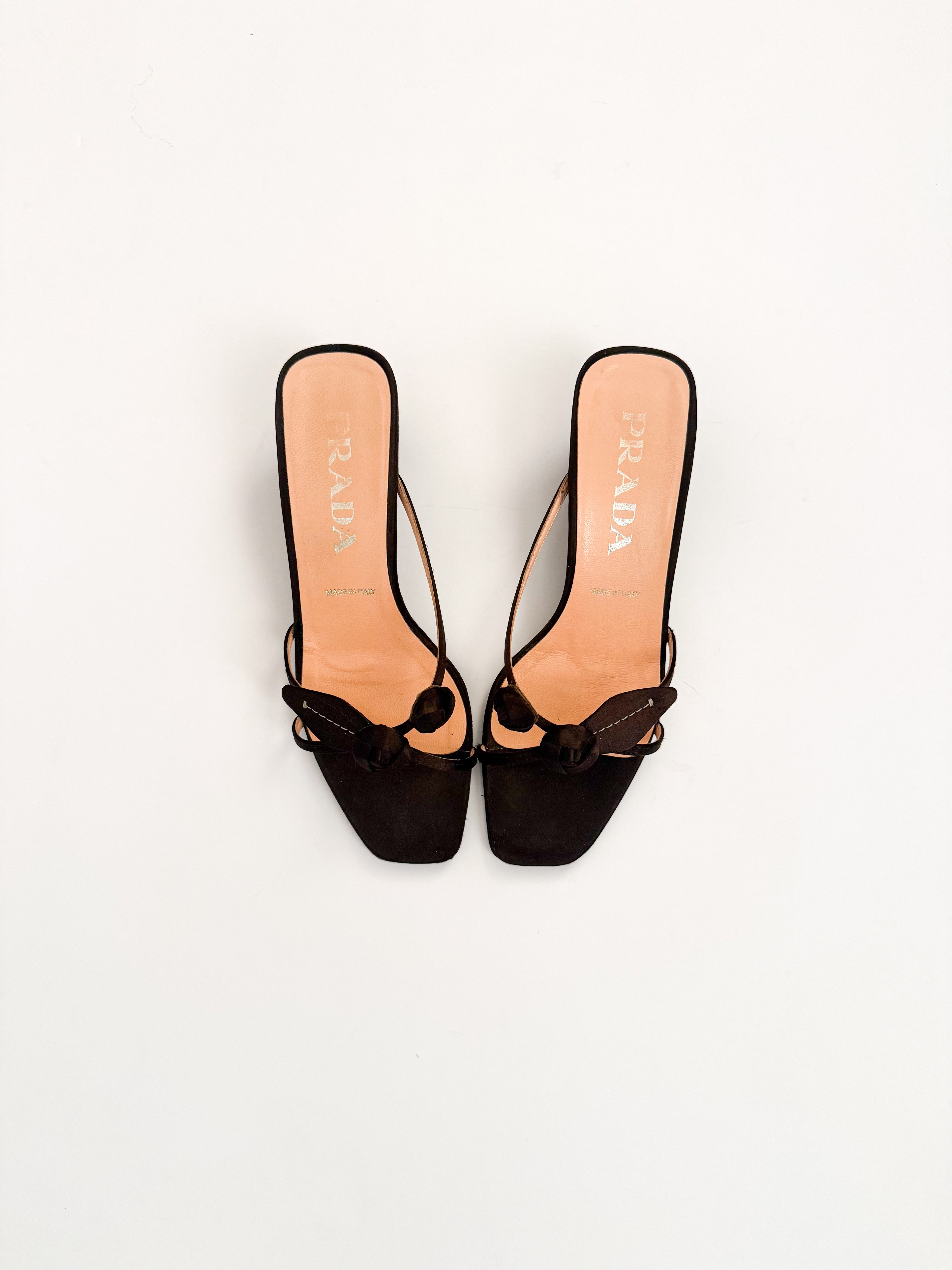 Prada Rosebud Black Satin Kitten Heels