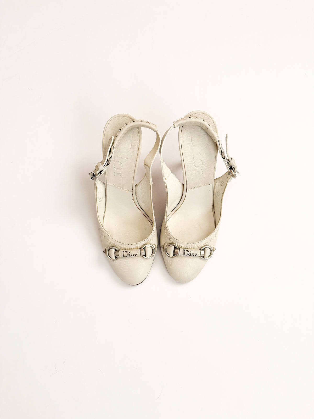 Christian Dior White Leather Round Toe Slingback Heels