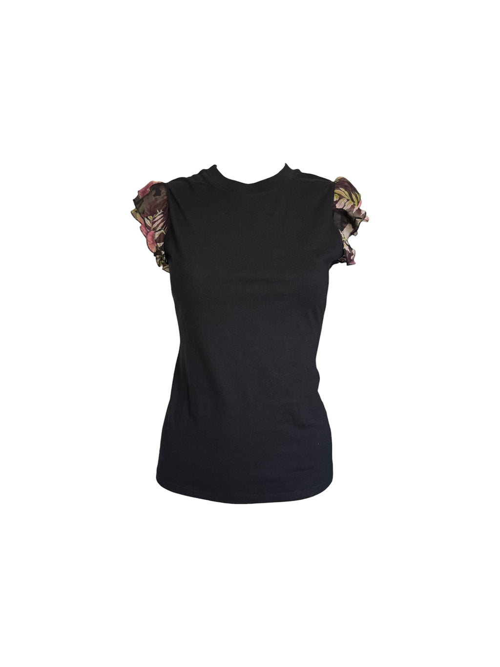 Blumarine Black Floral Ruffle Short Sleeve Top