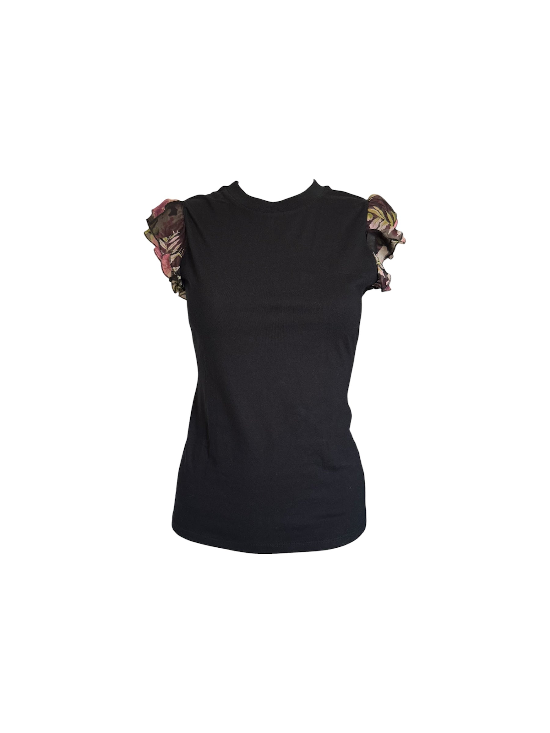 Blumarine Black Floral Ruffle Short Sleeve Top
