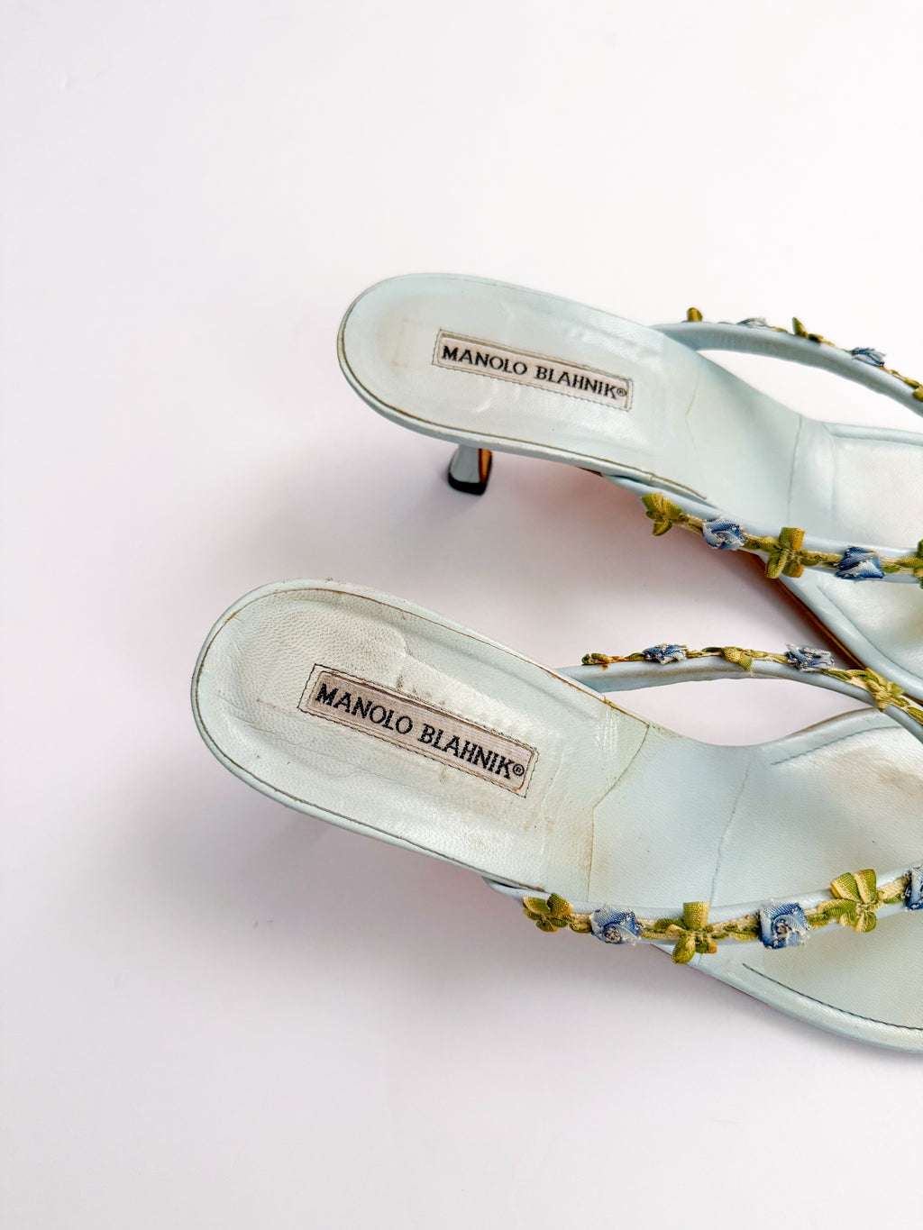 Manolo Blahnik Floral Blue Thong Heels