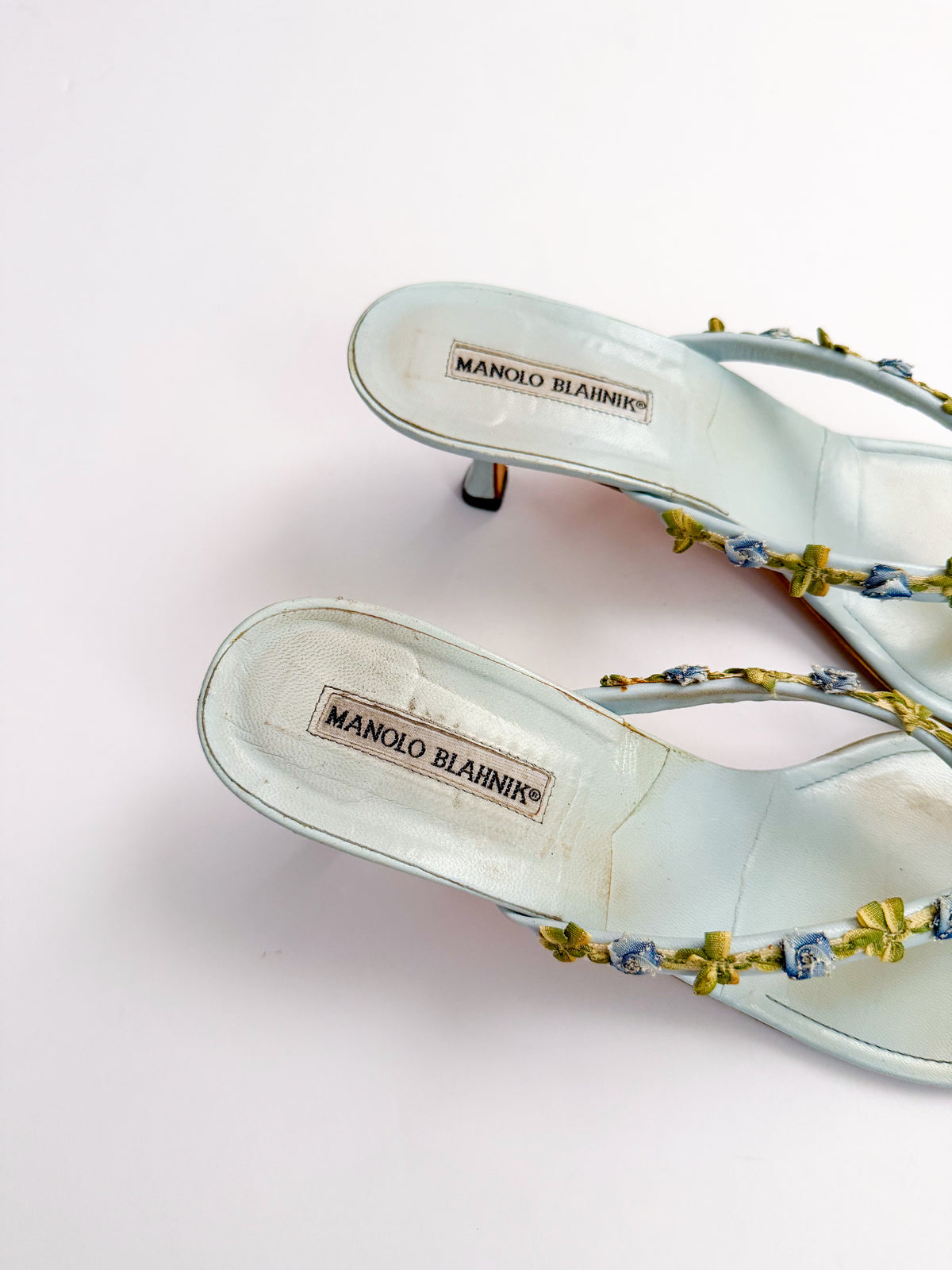 Manolo Blahnik Floral Blue Thong Heels