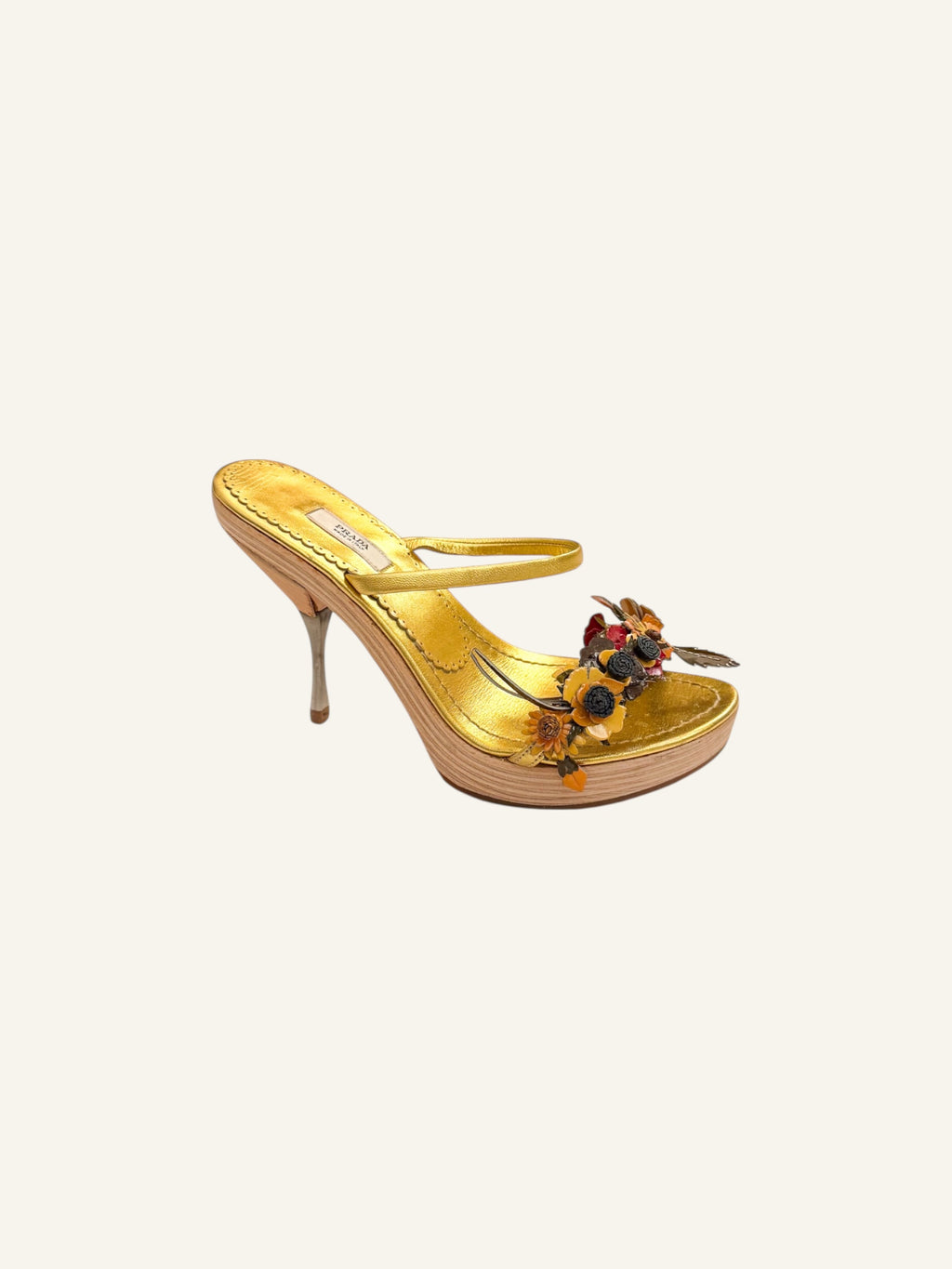 Prada S/S 2003 Gold Flower Appliqué Heels