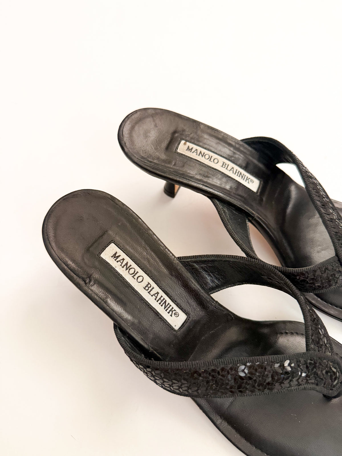 Manolo Blahnik Black Sequin Thong Heels