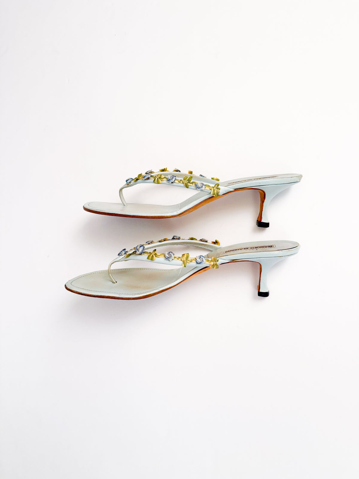 Manolo Blahnik Floral Blue Thong Heels