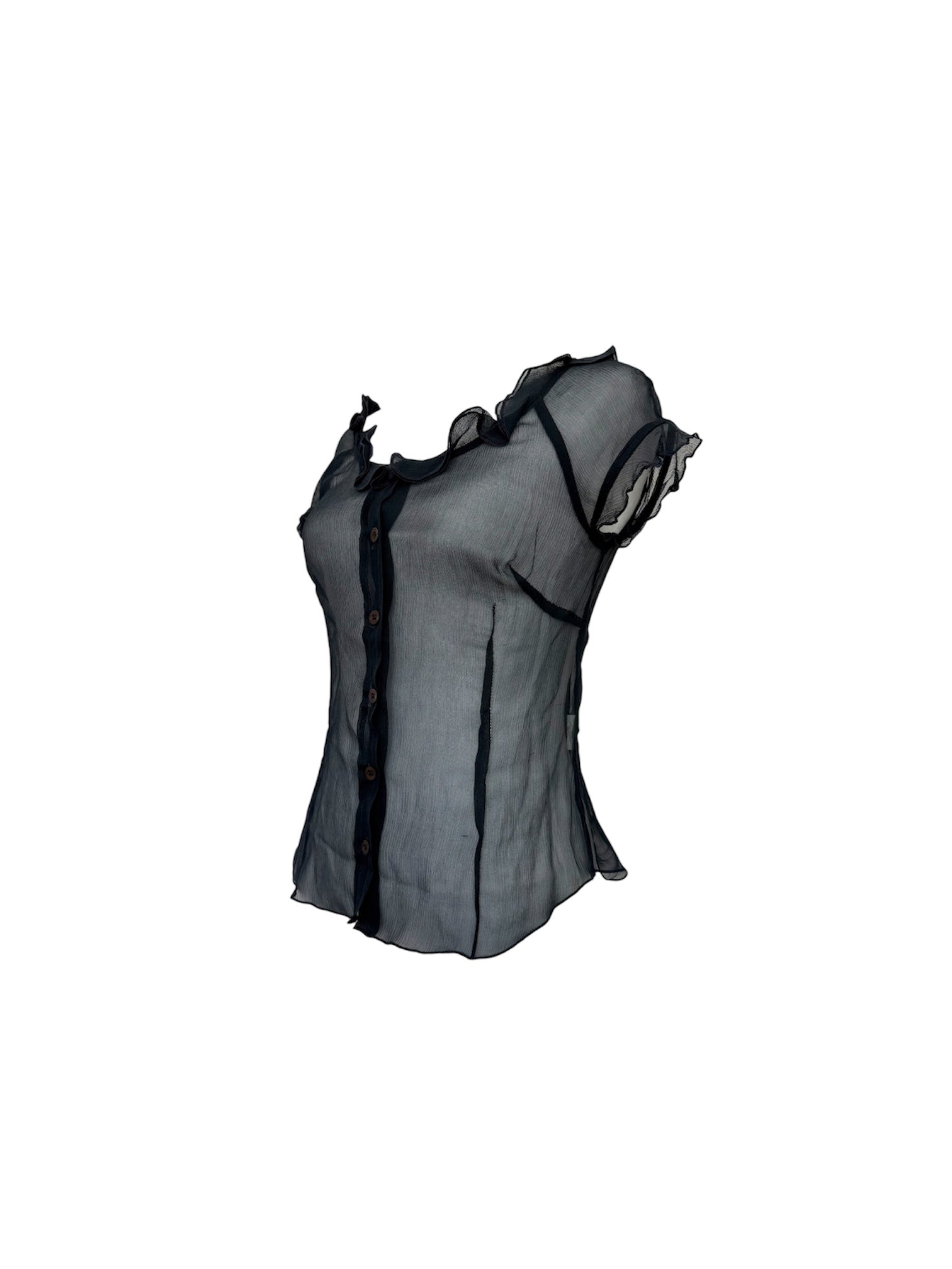 Moschino 100% Silk Black Sheer Ruffle Blouse