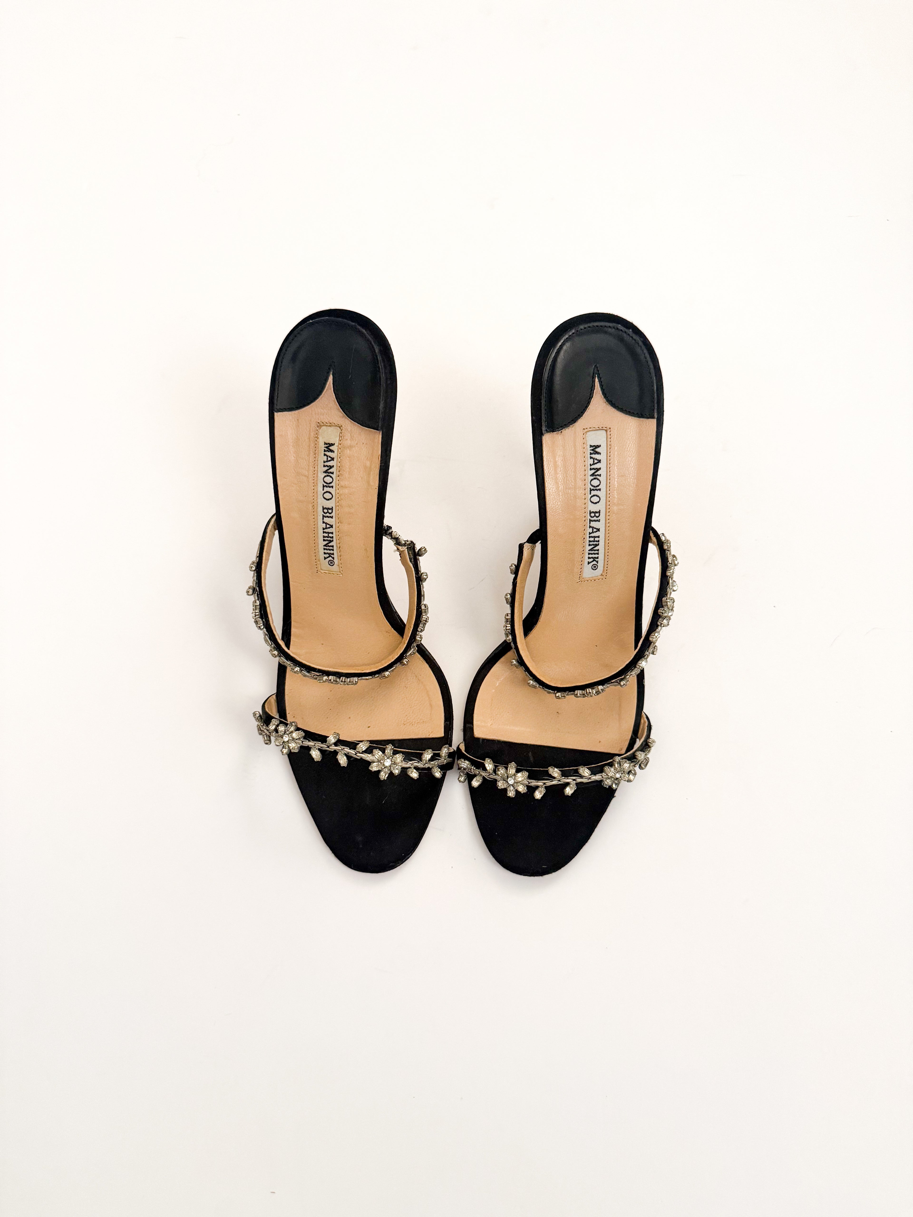 Manolo Blahnik Floral Crystal Black Heels