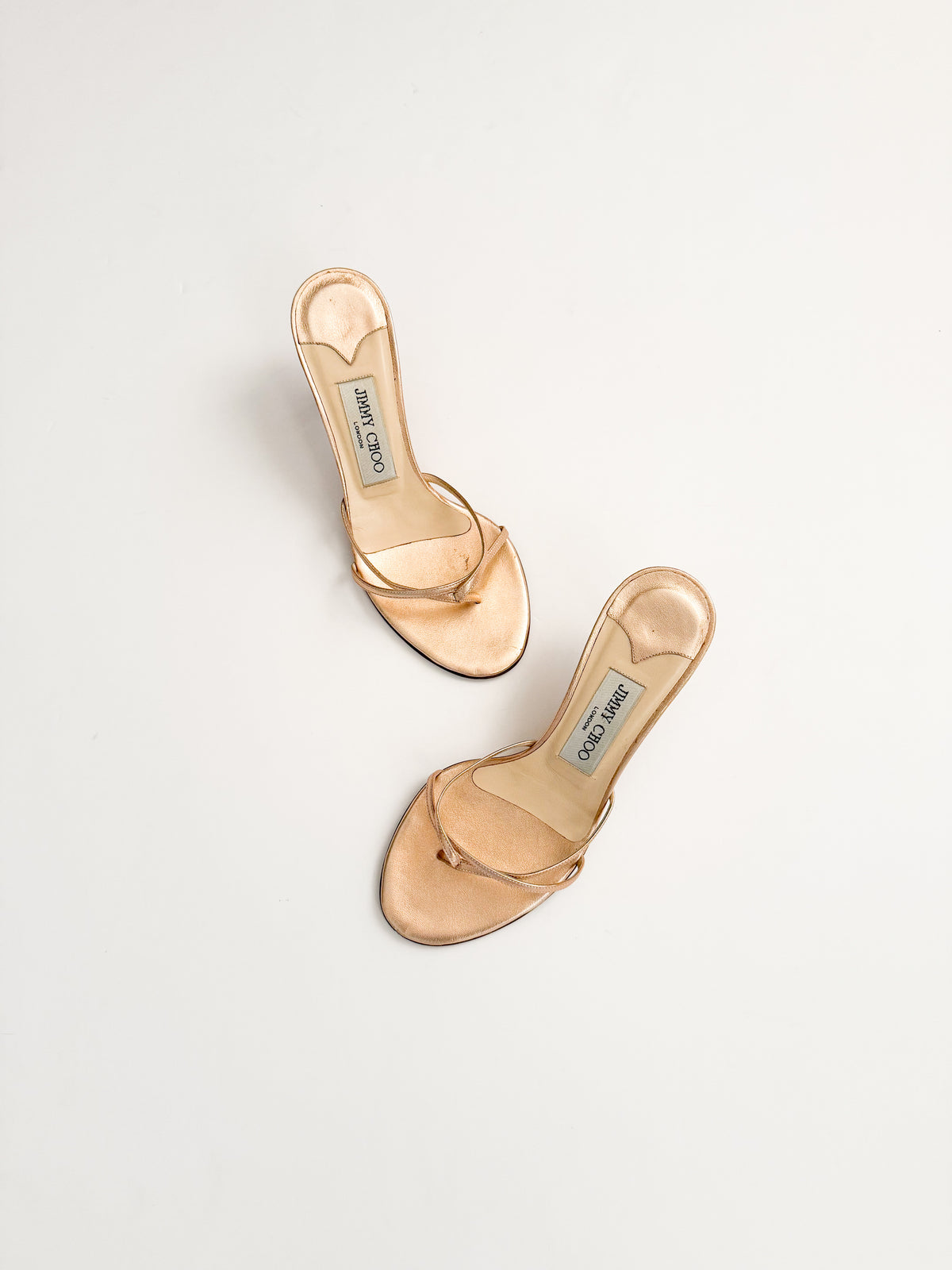 Jimmy Choo Rose Gold Metallic Thong Strappy Heels