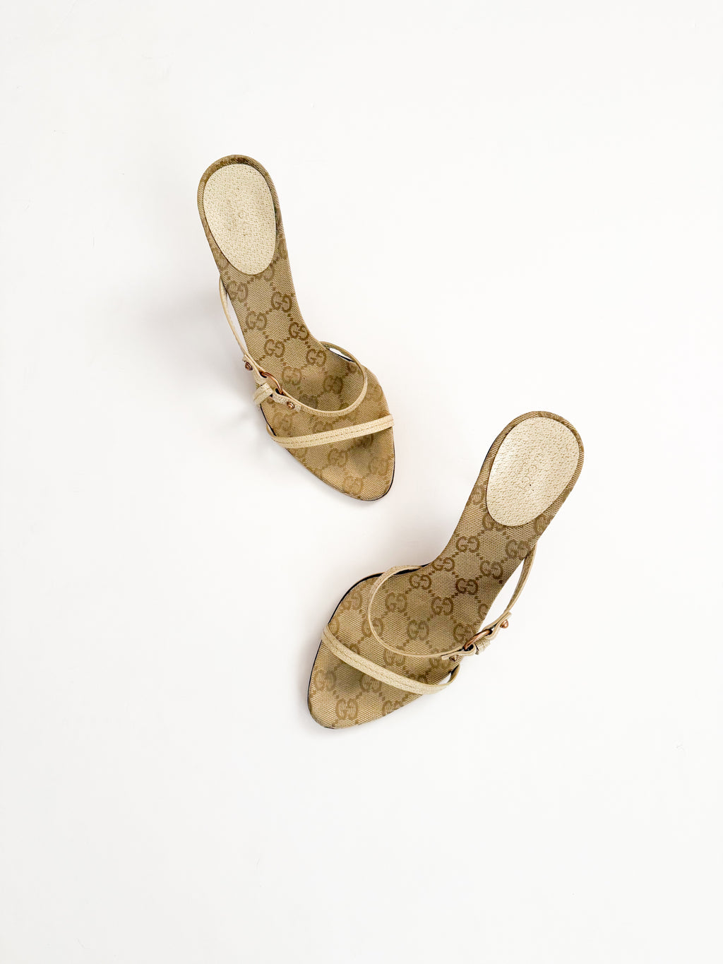 Gucci Beige Monogram Strappy Pointed Heels