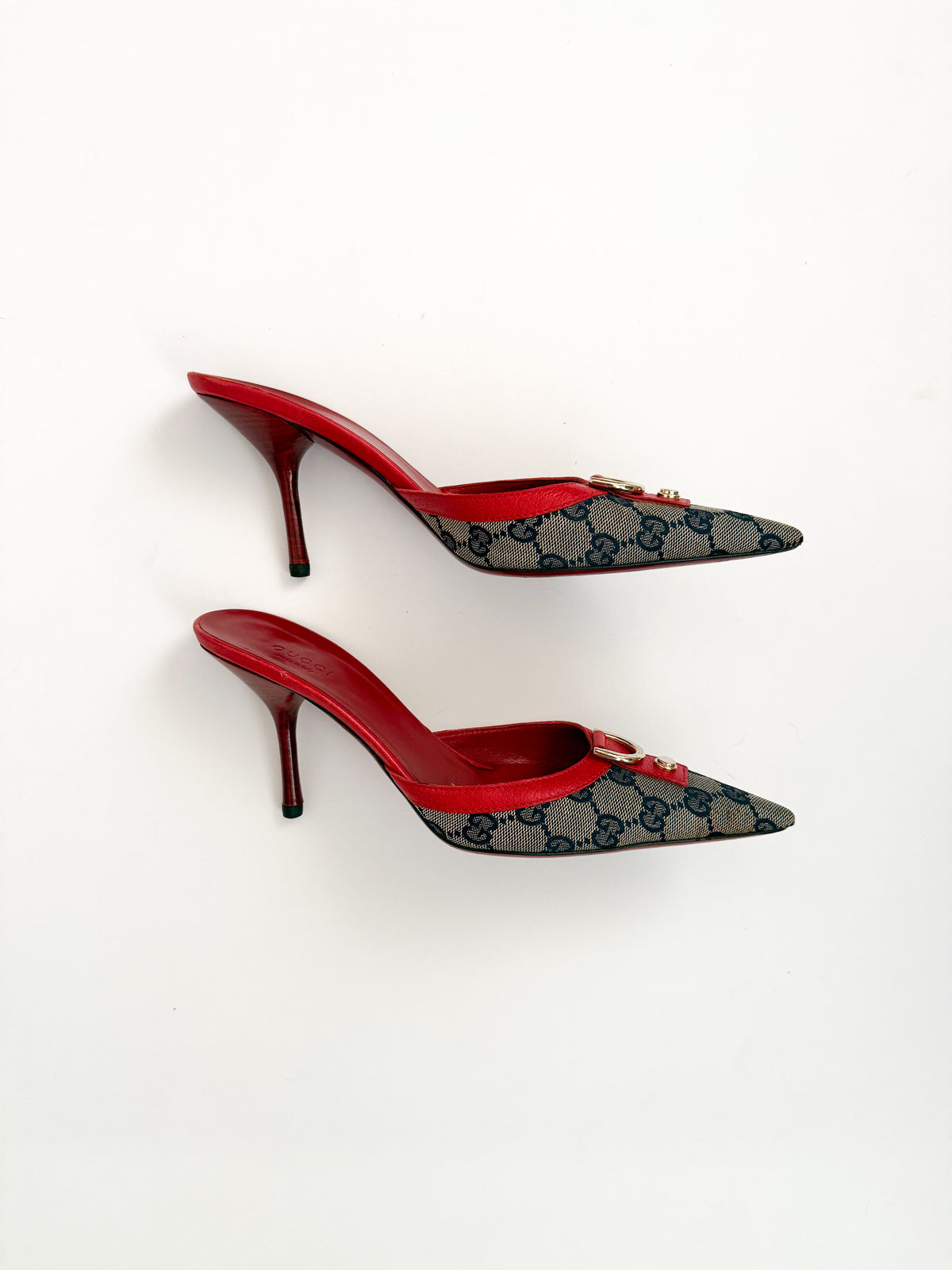 Gucci Red Leather Monogram Pointed Mules