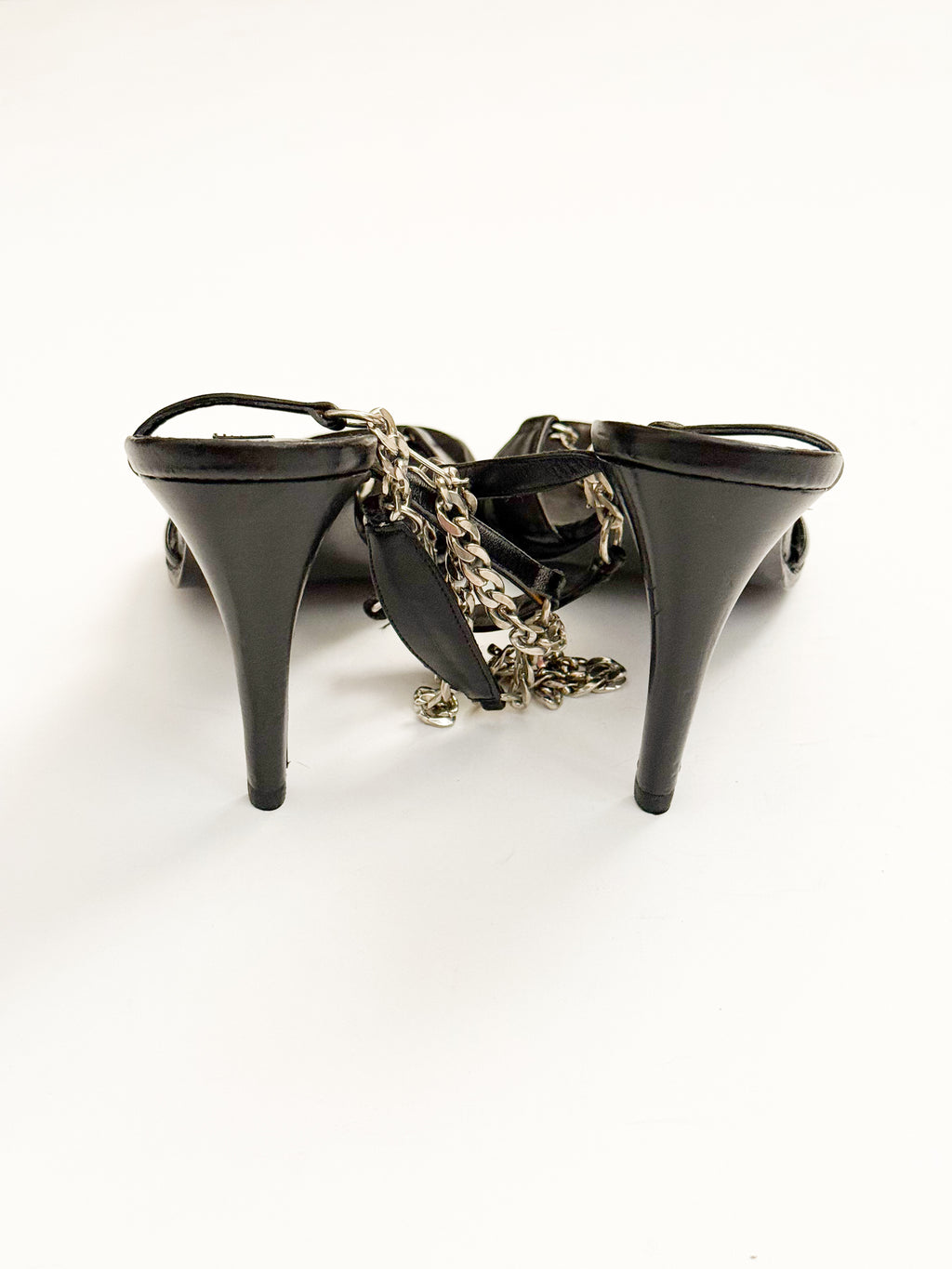 Plein Sud Black Leather Silver Chain Heels