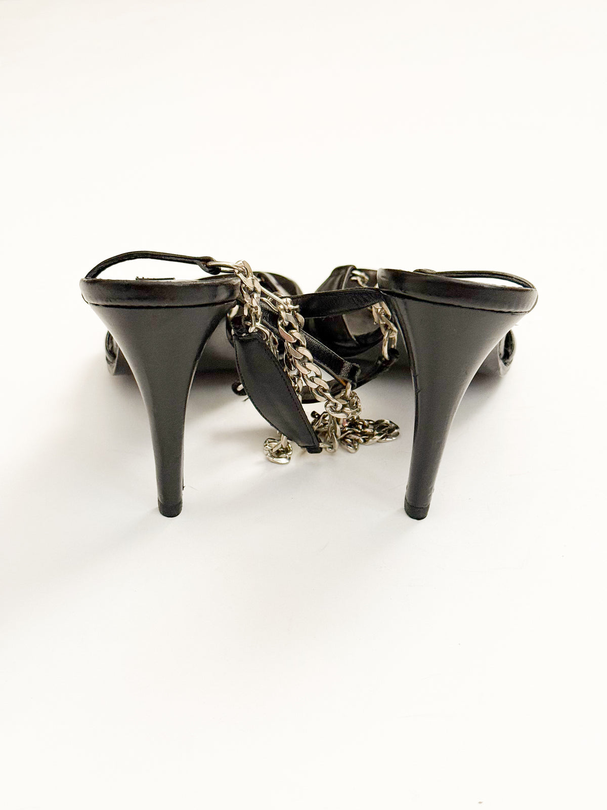 Plein Sud Black Leather Silver Chain Heels
