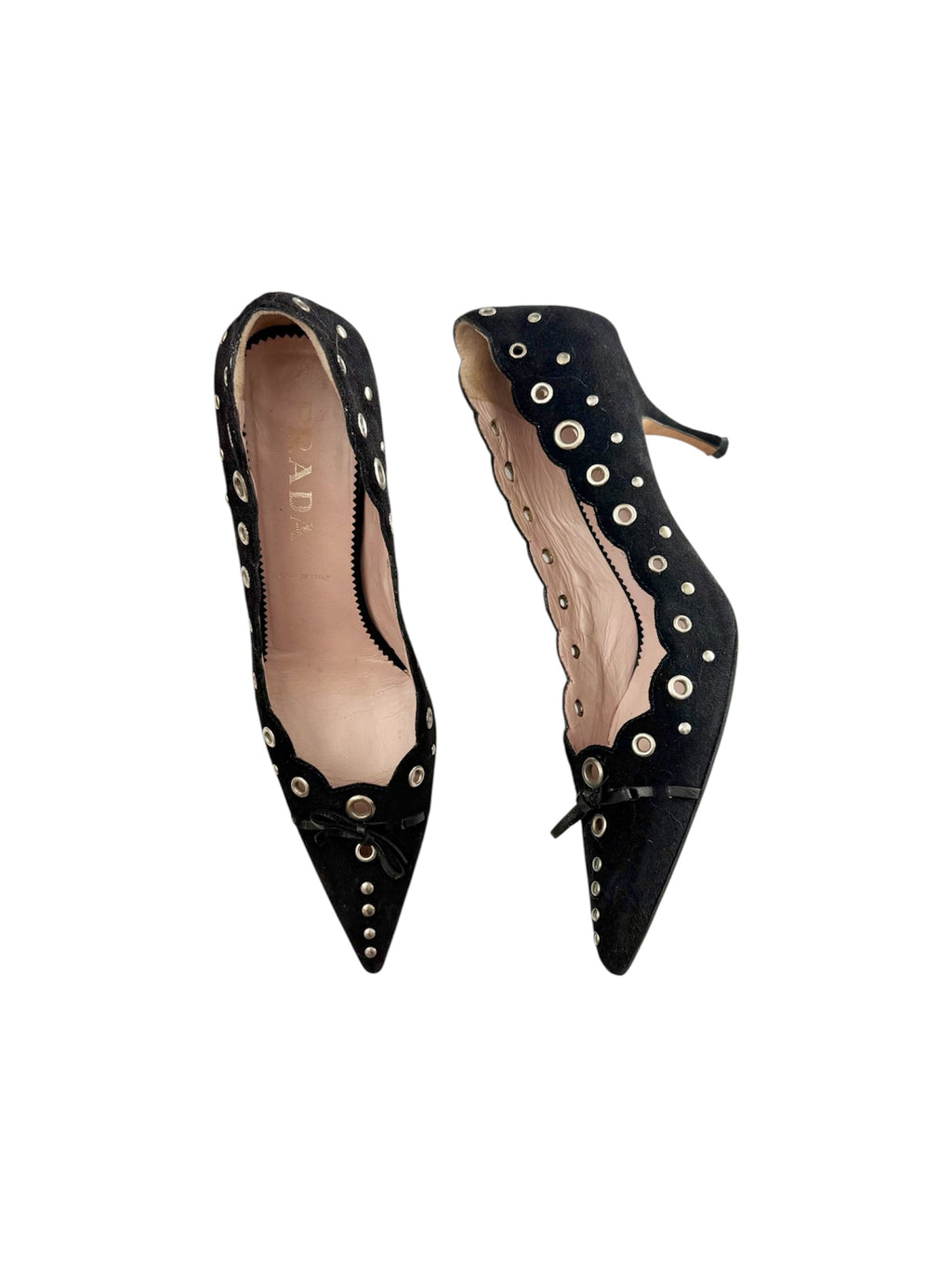 Prada Black Suede Eyelet Bow Pointed Pumps