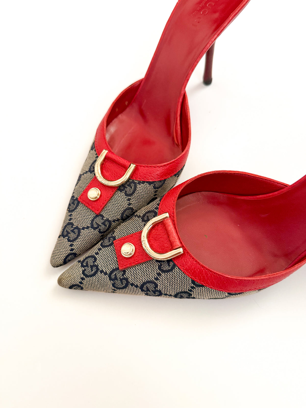 Gucci Red Leather Monogram Pointed Mules