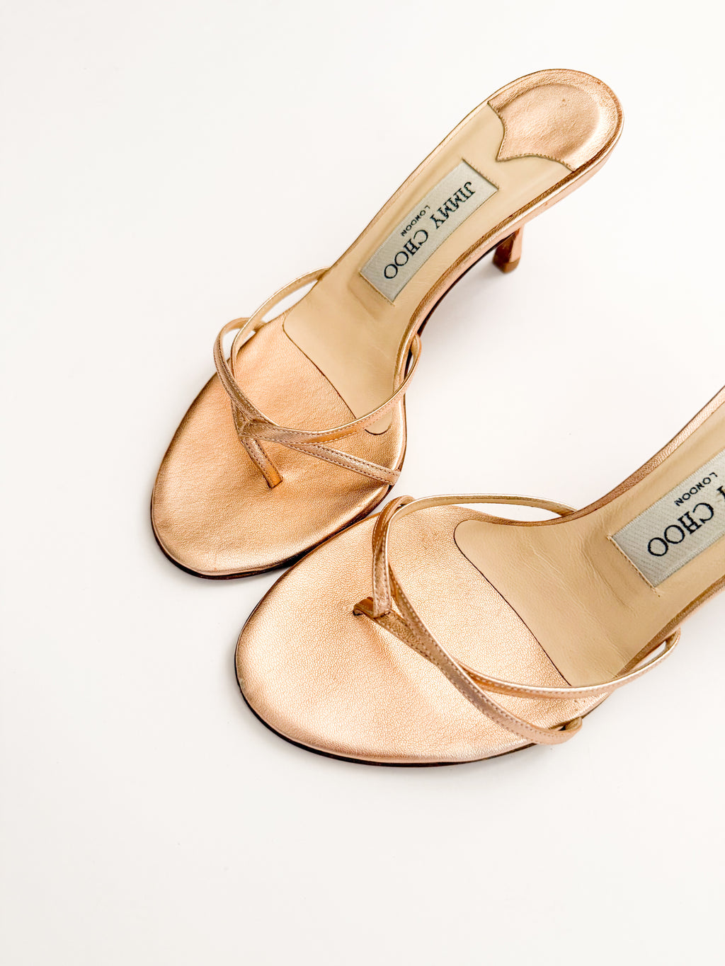 Jimmy Choo Rose Gold Metallic Thong Strappy Heels
