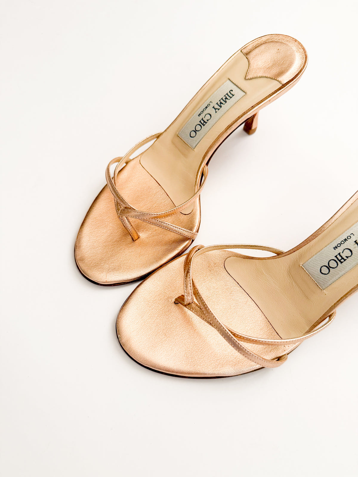 Jimmy Choo Rose Gold Metallic Thong Strappy Heels