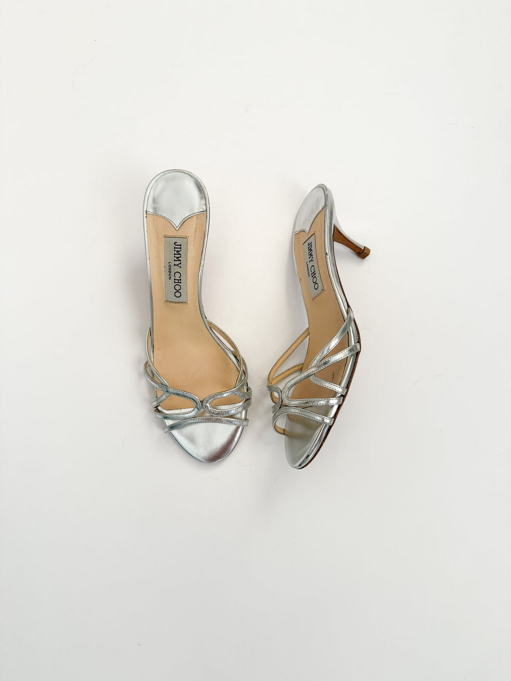 Jimmy Choo Metallic Silver Strappy Kitten Heels