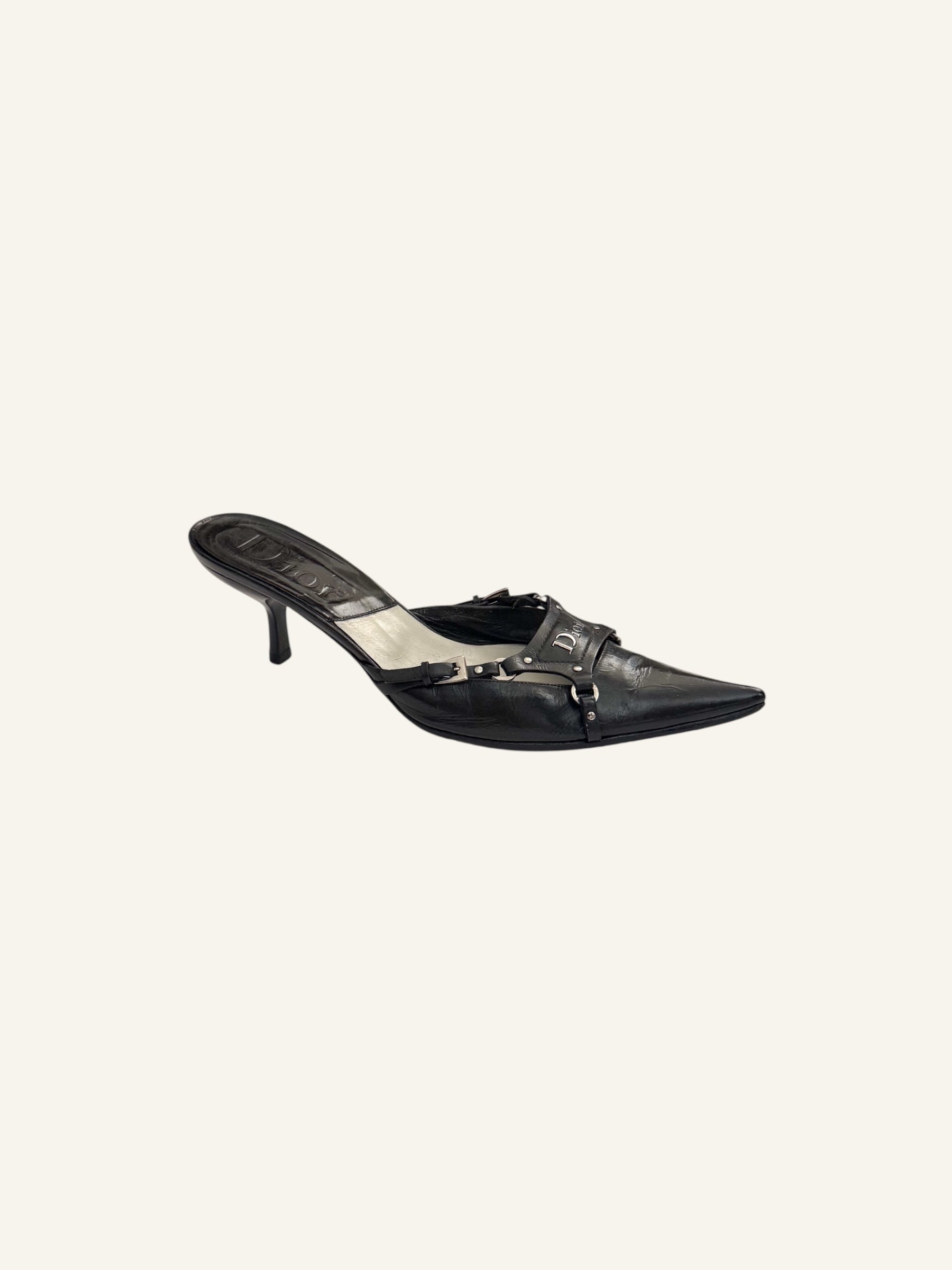 Christian Dior bondage mules black ディオール Christian Dior F/W 2003 Black Leather Bondage Mules – Venus Vintage