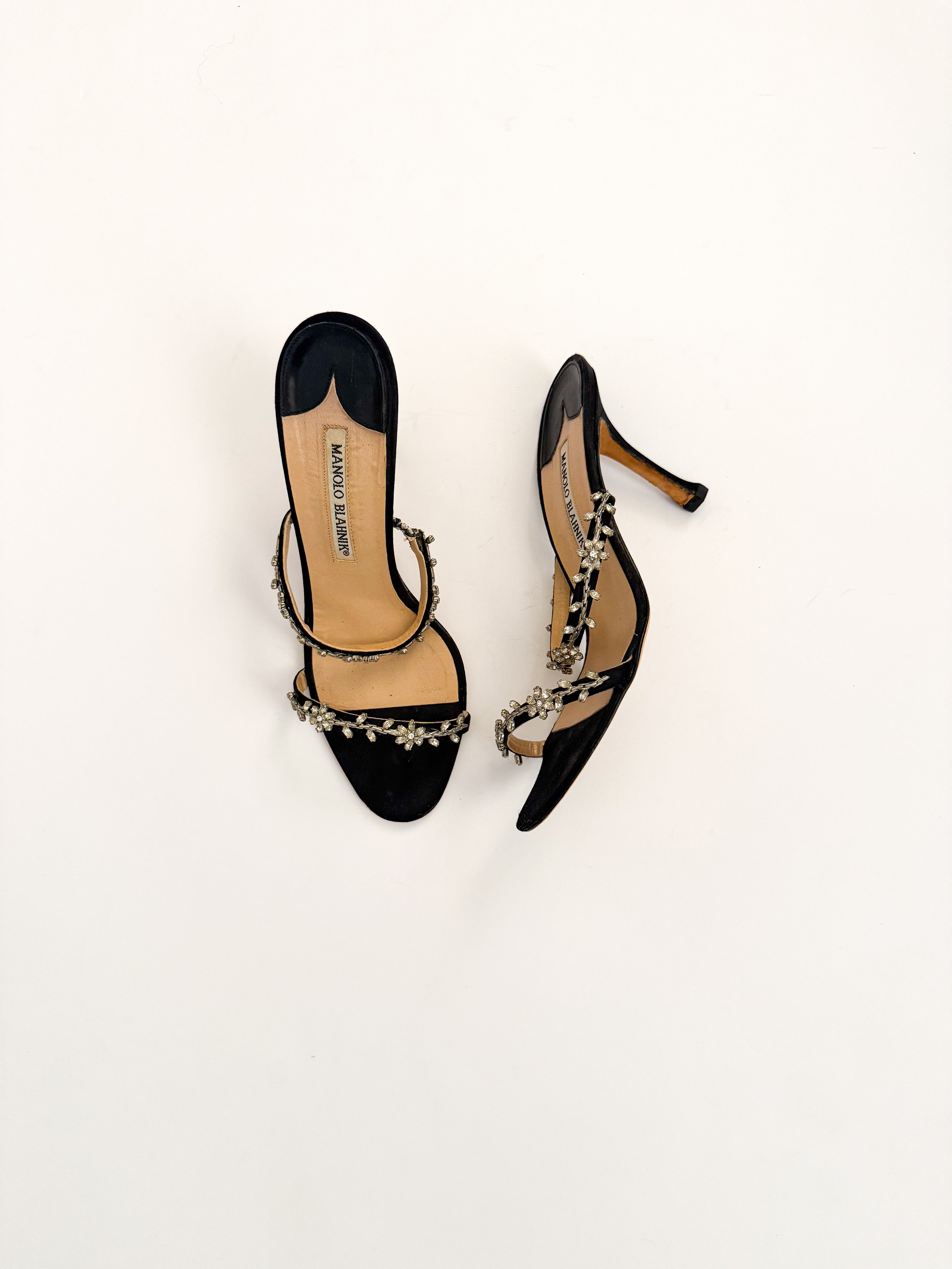 Manolo Blahnik Floral Crystal Black Heels