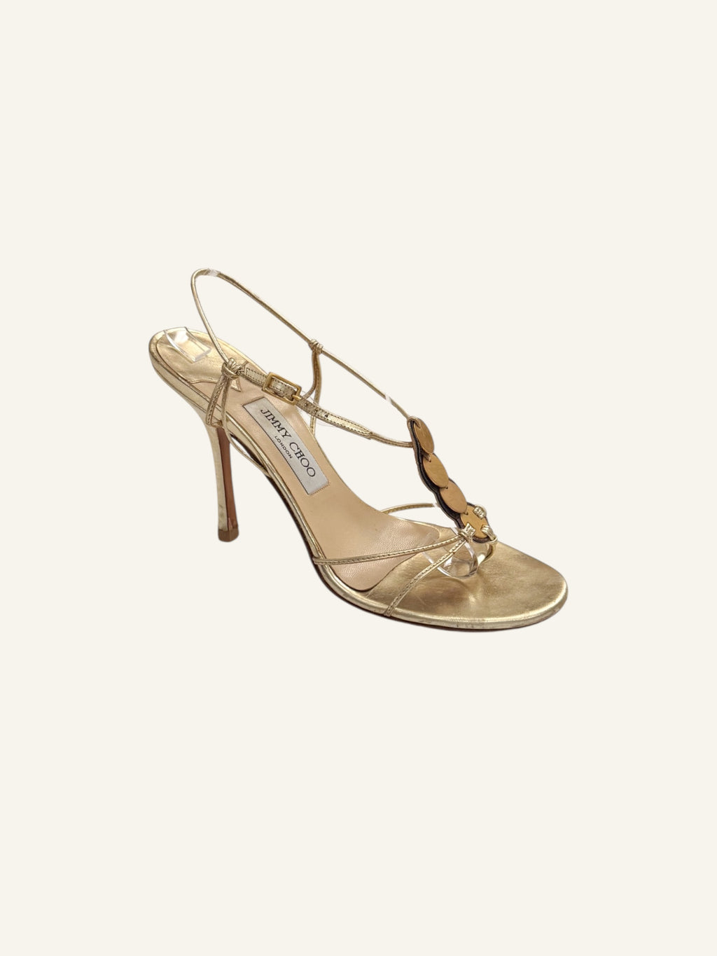 Jimmy Choo Gold Strappy Thong Circle Heels