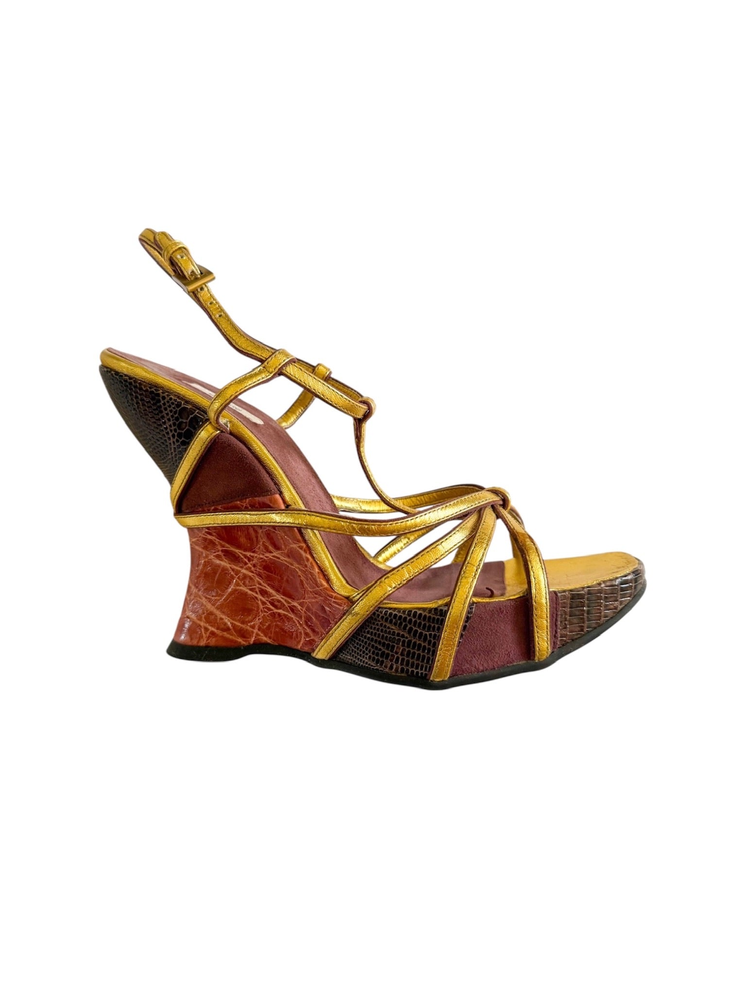 Prada F/W 2004 Gold Snakeskin Wedges