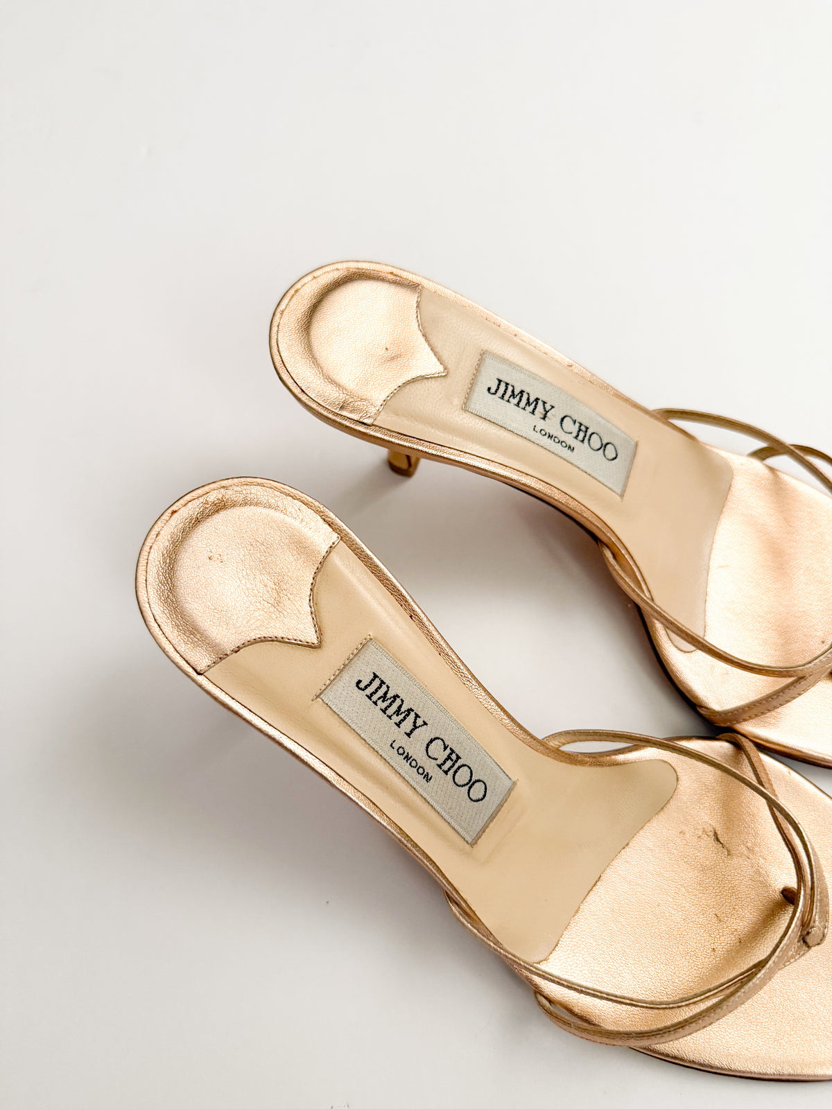 Jimmy Choo Rose Gold Metallic Thong Strappy Heels