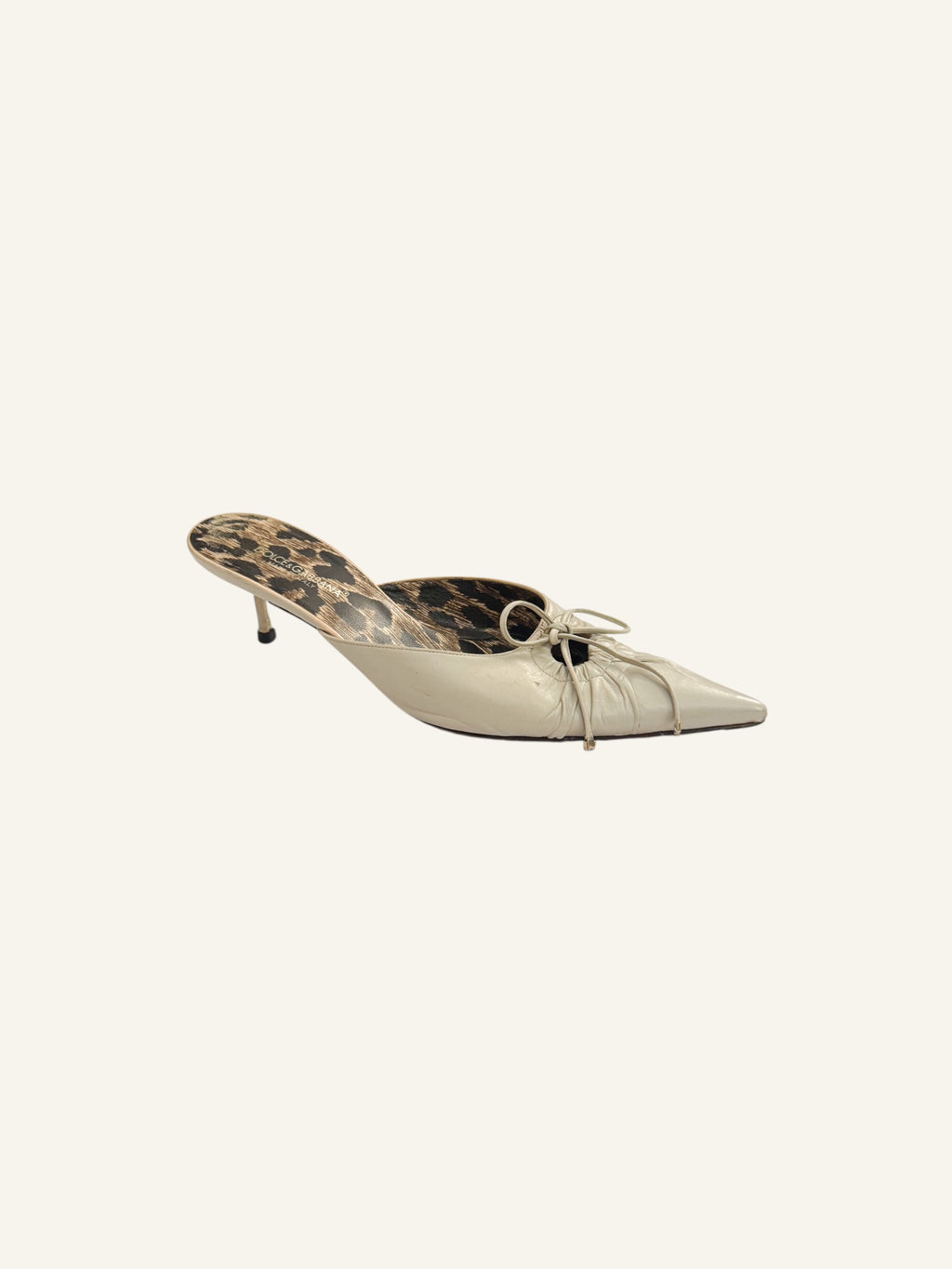 Dolce & Gabbana Leather Cream Leopard Bow Mules