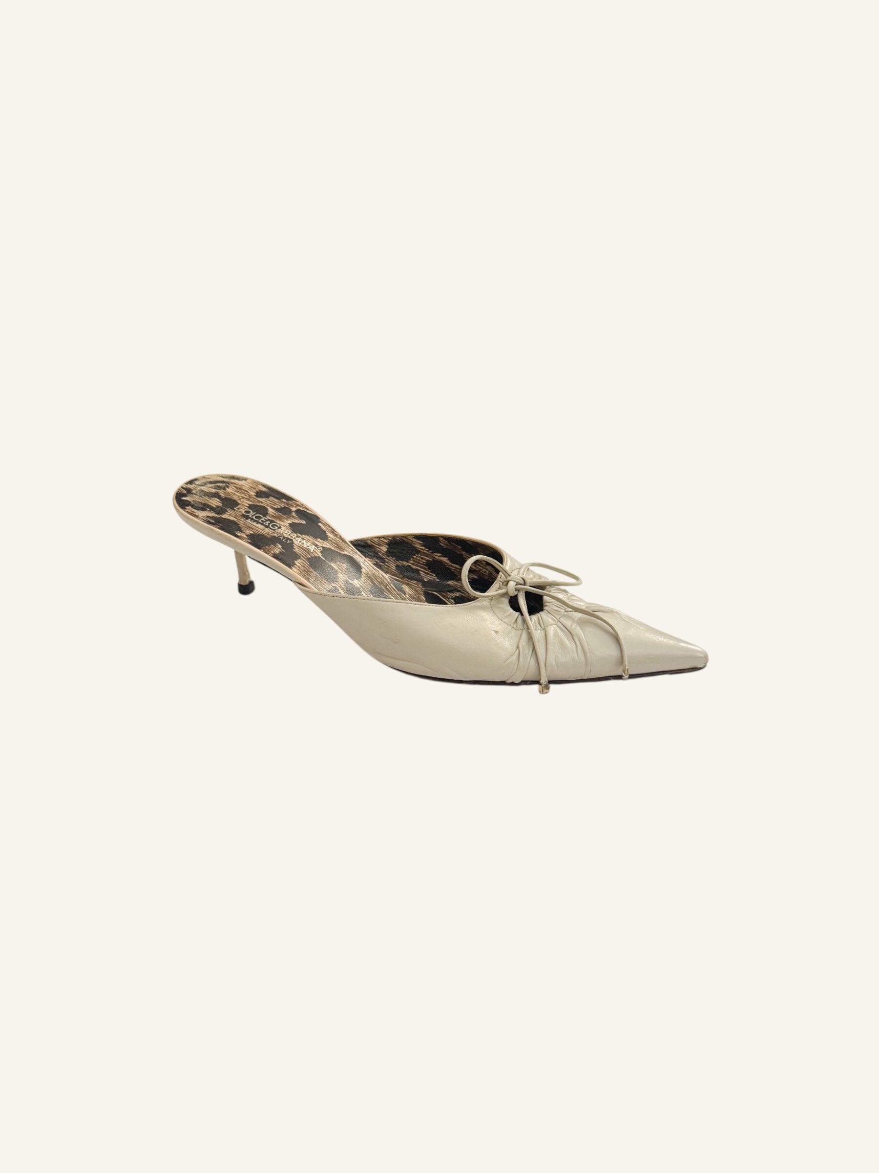 Dolce & Gabbana Leather Cream Leopard Bow Mules