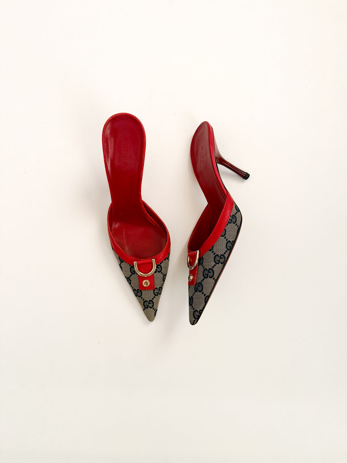 Gucci Red Leather Monogram Pointed Mules