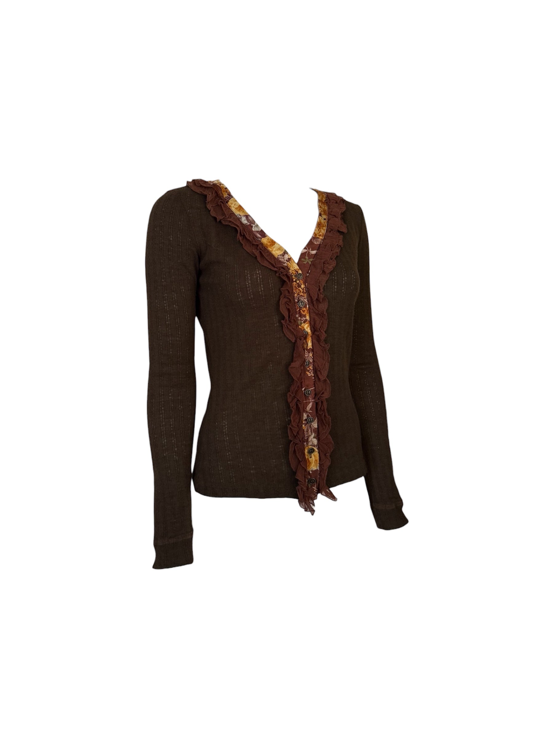 Dolce & Gabbana Floral Ruffle Brown Long Sleeve Top