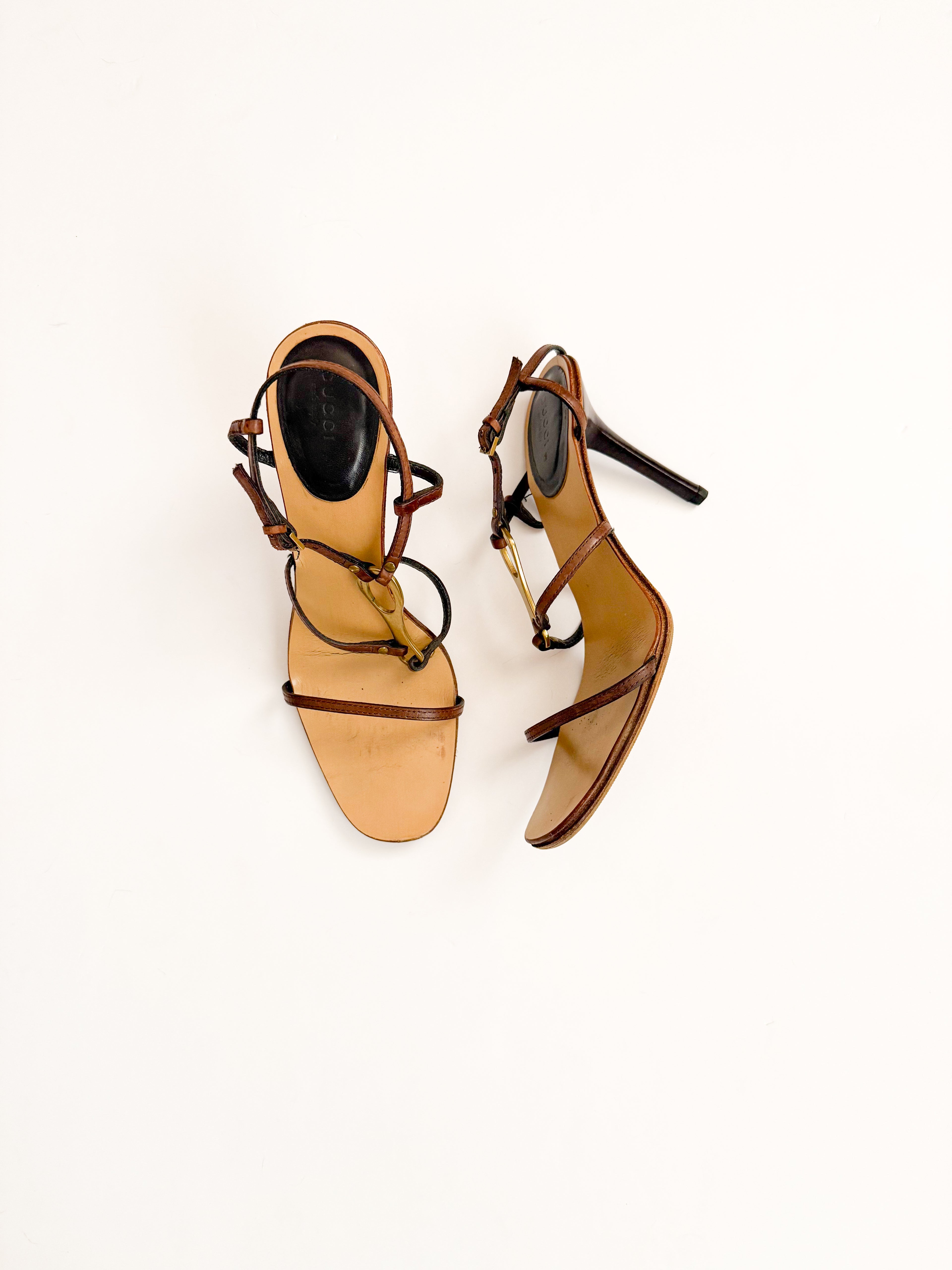 Gucci Horsebit Brown Strappy Leather Heels