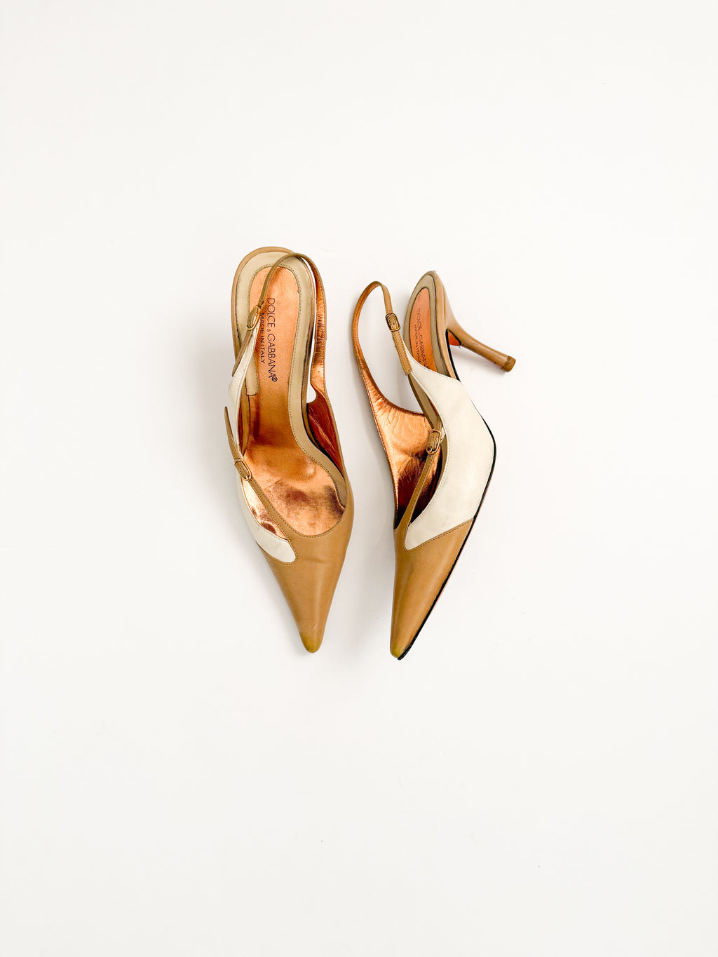 Dolce & Gabbana Tan & White Pointed Slingback Heels