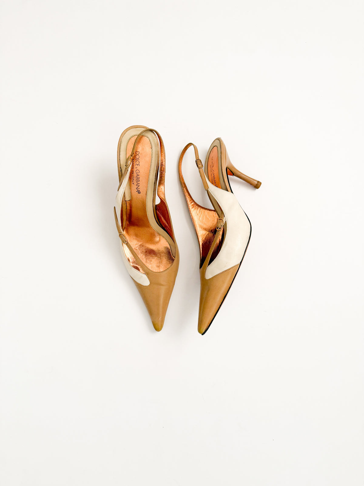 Dolce & Gabbana Tan & White Pointed Slingback Heels
