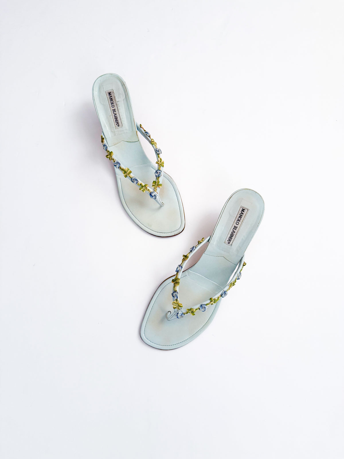 Manolo Blahnik Floral Blue Thong Heels