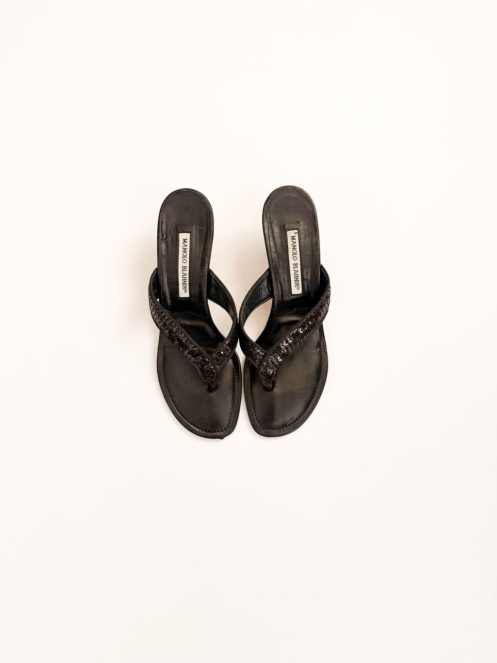 Manolo Blahnik Black Sequin Thong Heels