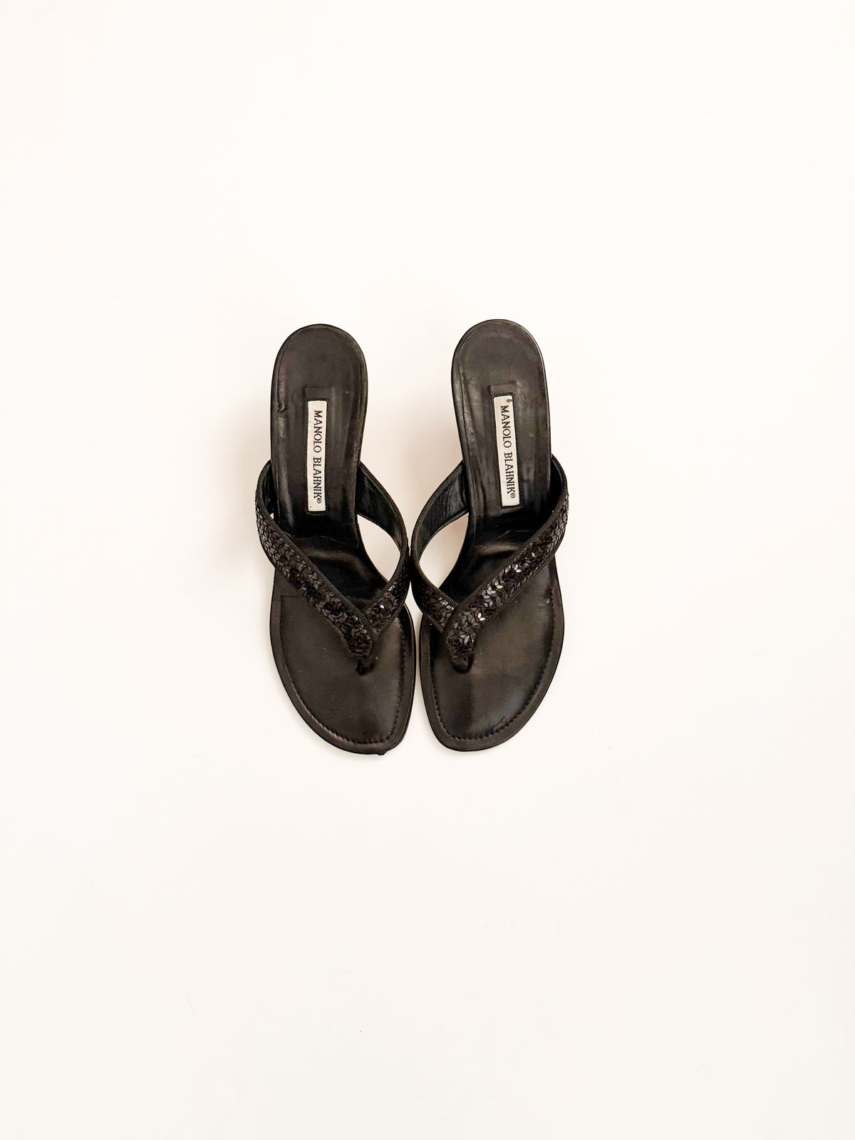 Manolo Blahnik Black Sequin Thong Heels