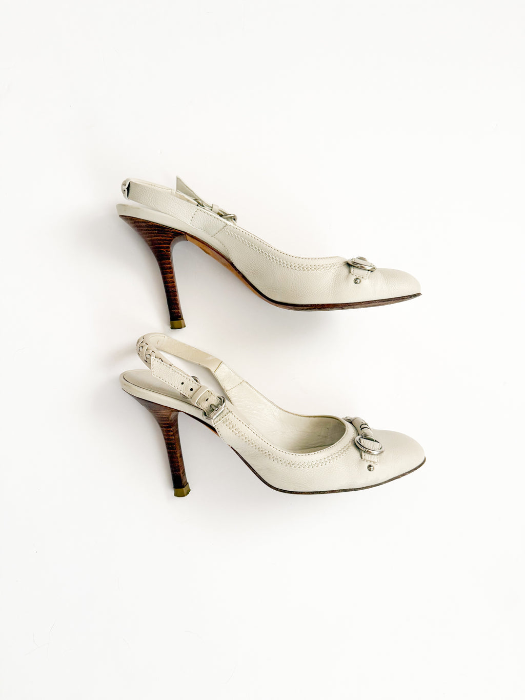 Christian Dior White Leather Round Toe Slingback Heels