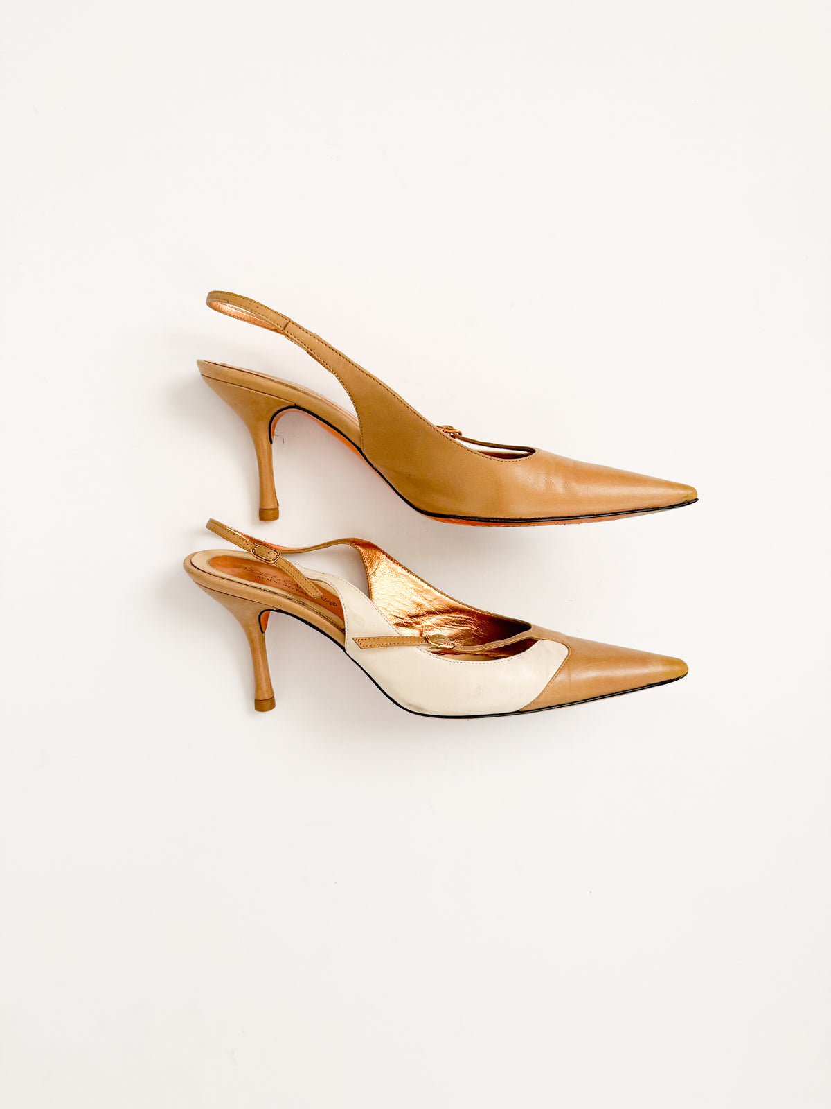 Dolce & Gabbana Tan & White Pointed Slingback Heels