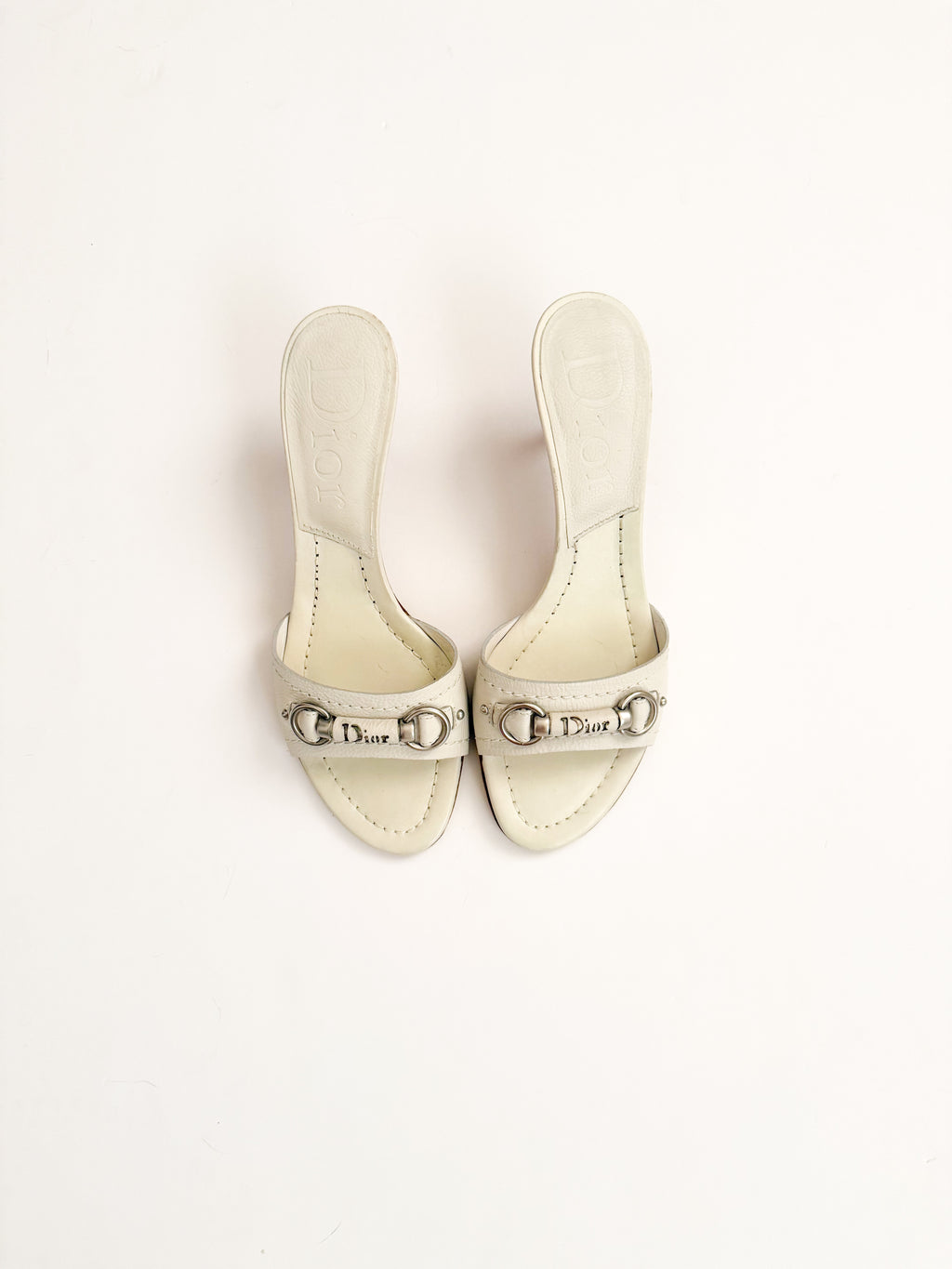 Christian Dior White Leather Silver Bar Kitten Heels