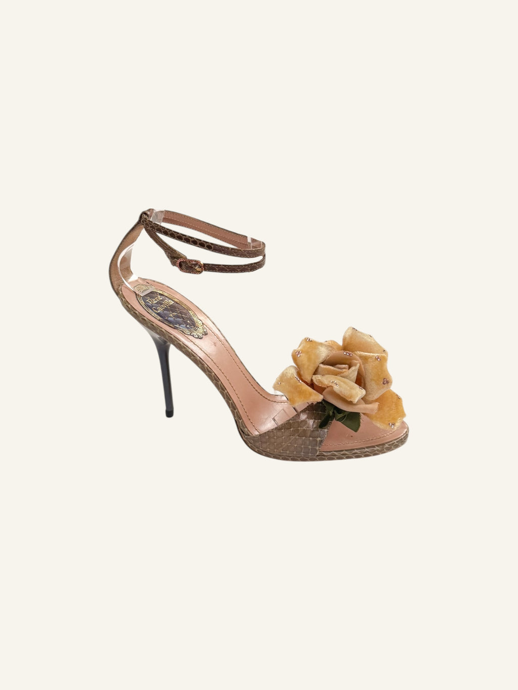 Rene Caovilla Yellow Flower Snakeskin Heels