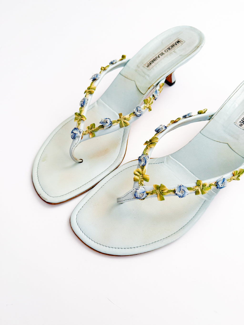 Manolo Blahnik Floral Blue Thong Heels