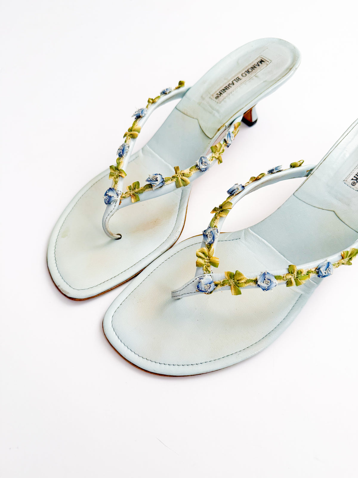 Manolo Blahnik Floral Blue Thong Heels