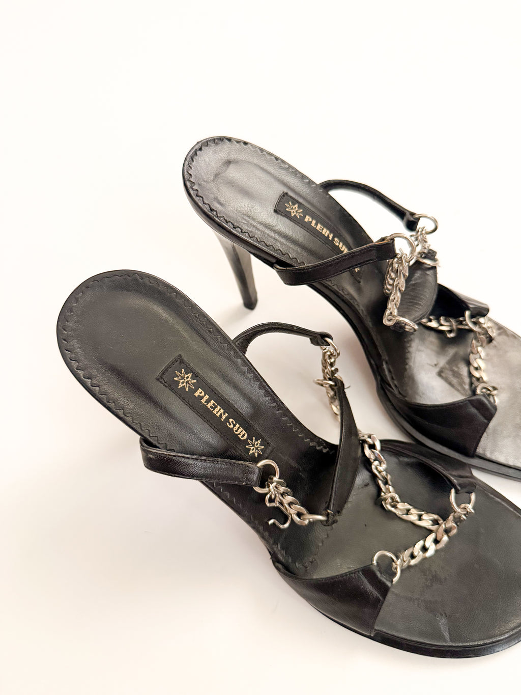 Plein Sud Black Leather Silver Chain Heels