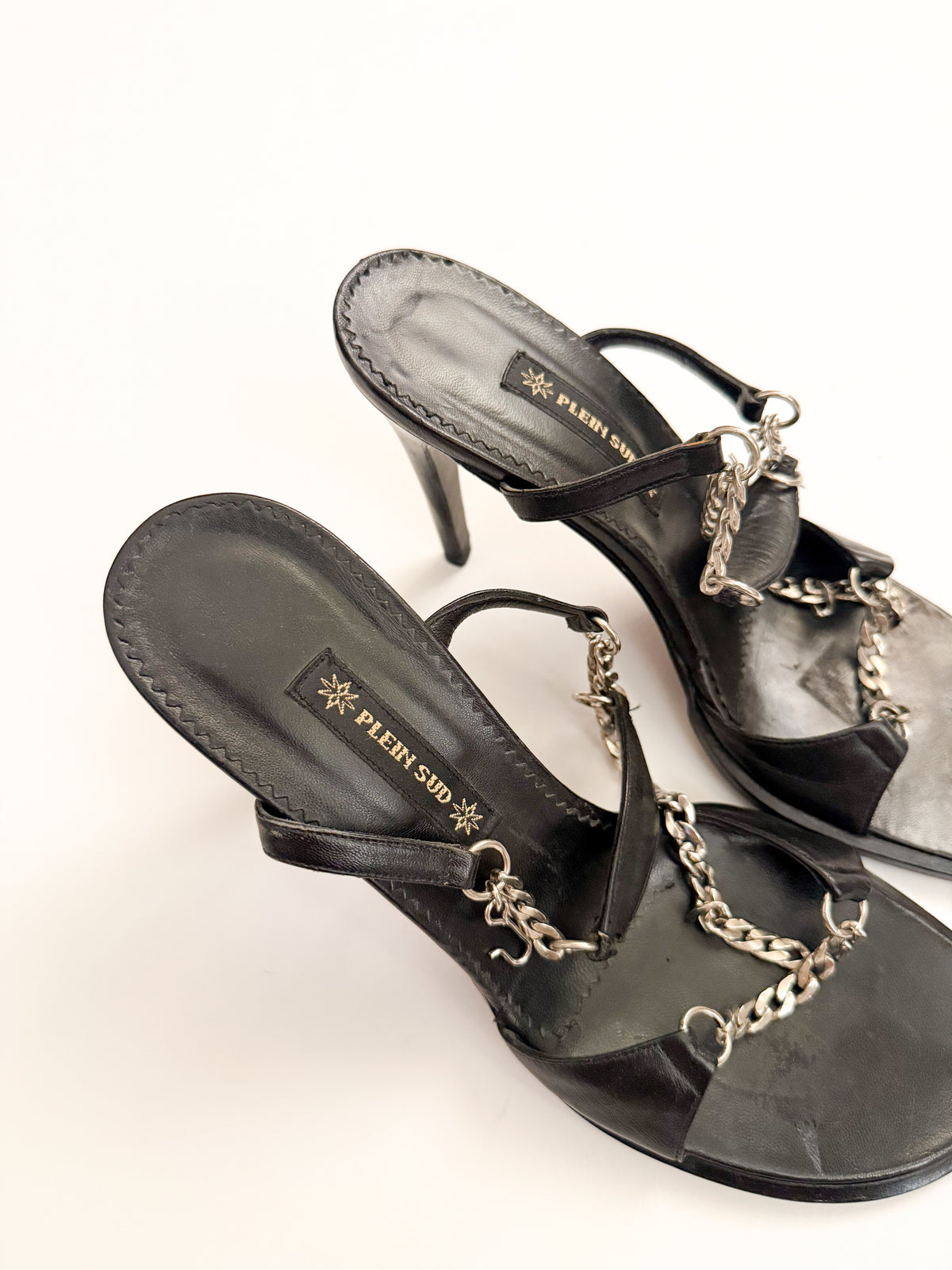 Plein Sud Black Leather Silver Chain Heels